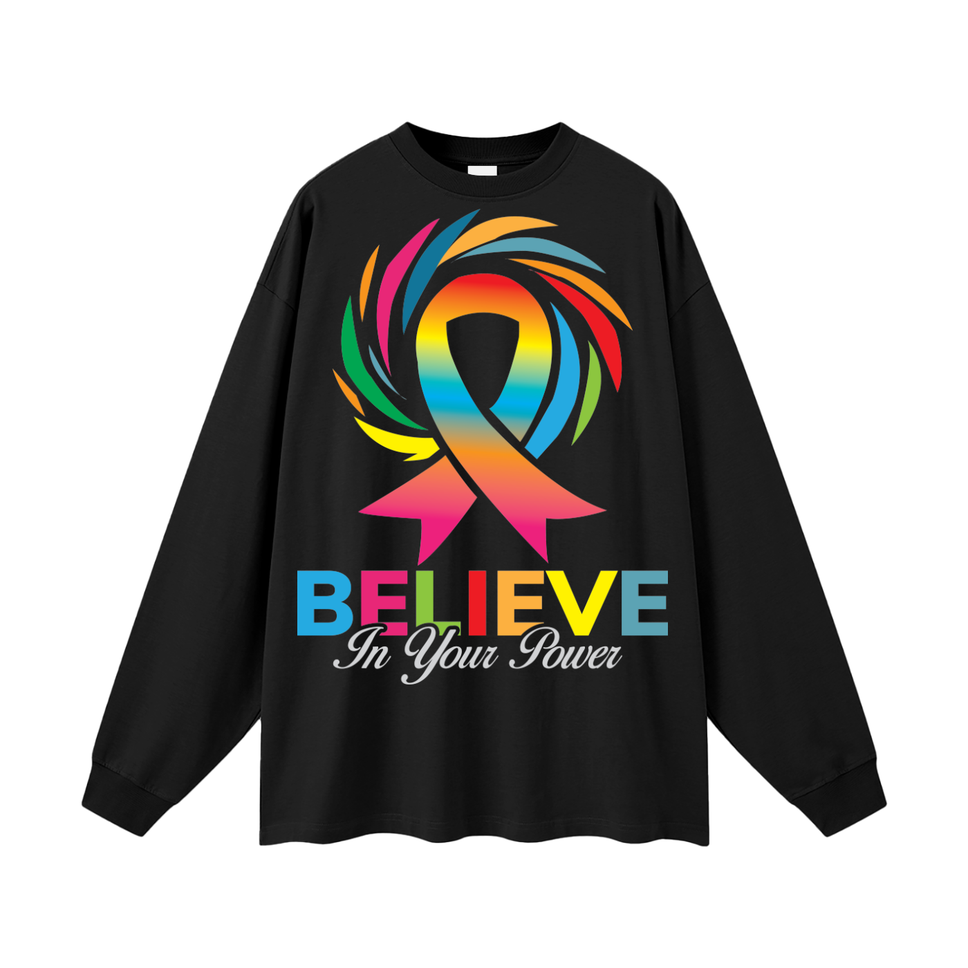 Black - Believe in Your Power Rainbow Ribbon Long Sleeve T-Shirt