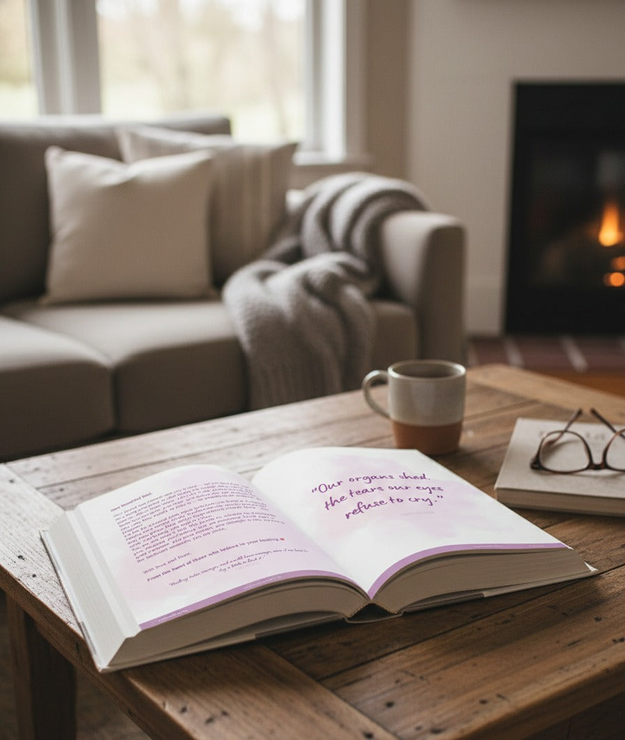Open guided cancer journal on table showing interior pages for reflection, healing, and life beyond diagnosis.