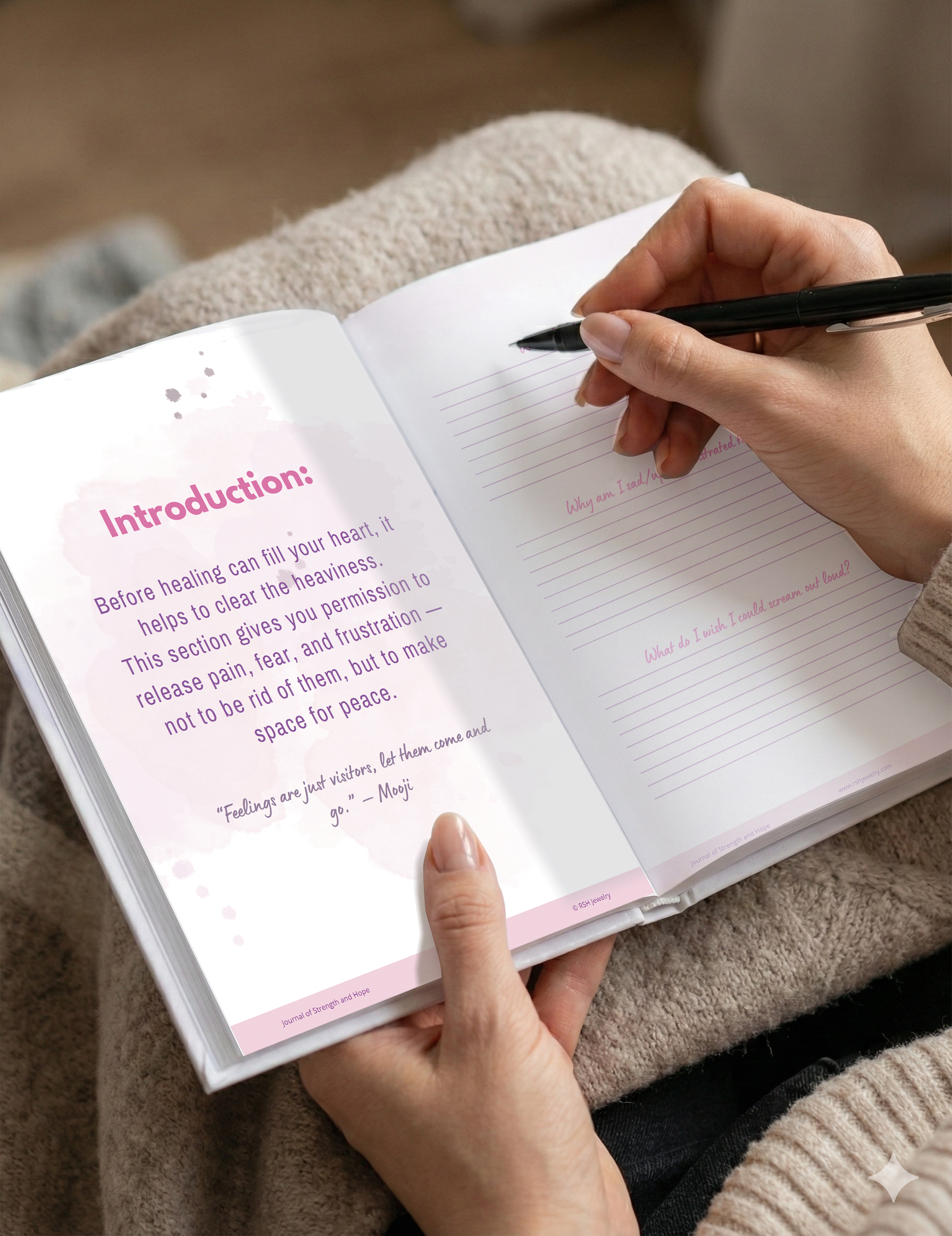 Open guided cancer journal showing the introduction pages, offering comfort, reflection, and support through diagnosis and healing.