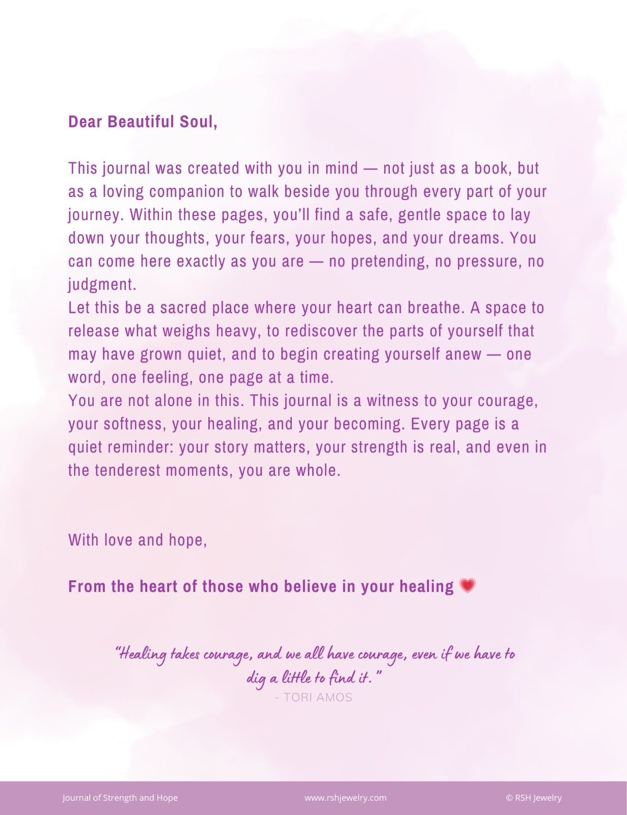 Opening letter inside More Than Surviving guided cancer journal offering comfort, courage, and hope.