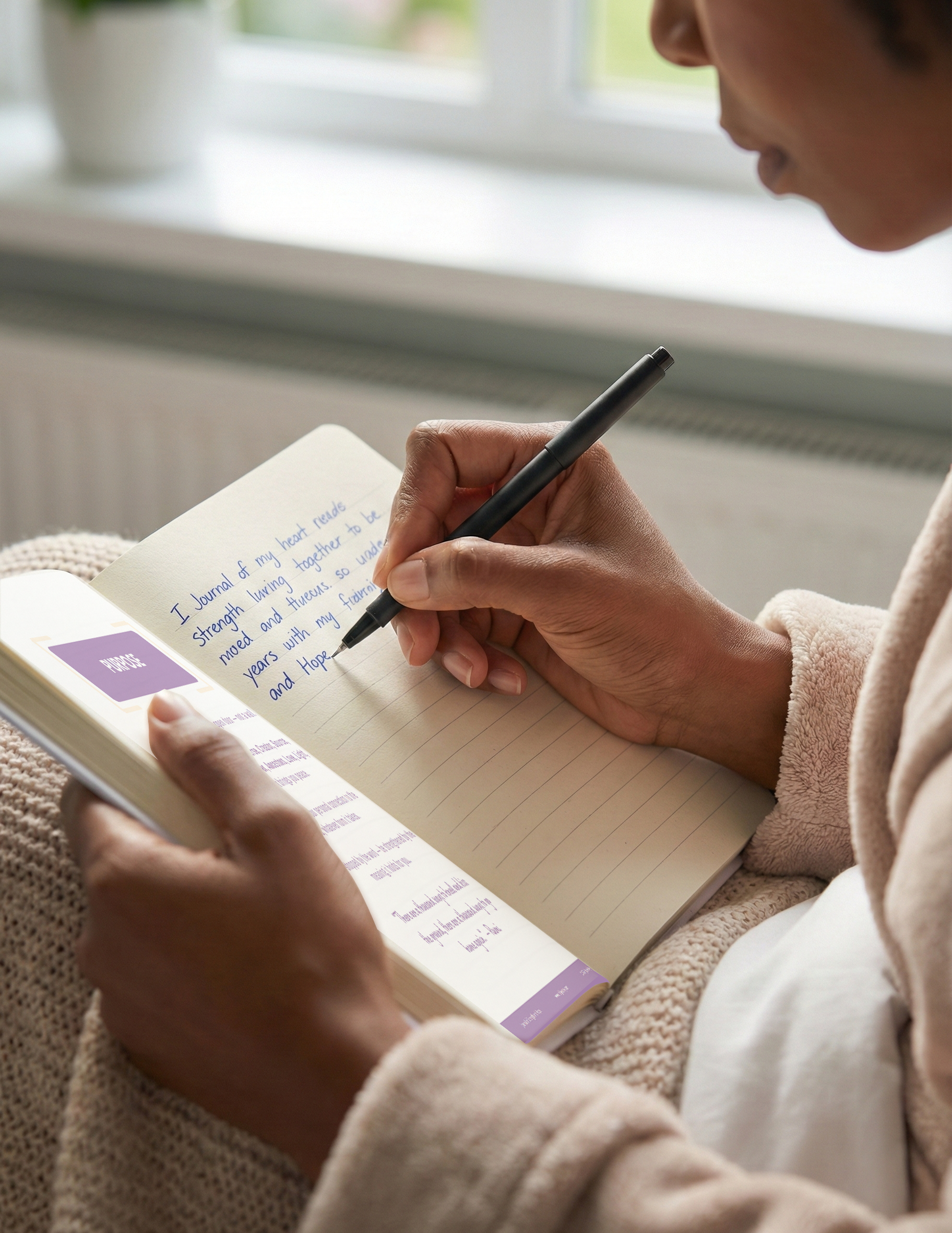 Person actively writing in a guided cancer journal designed for emotional healing, reflection, and life beyond diagnosis.