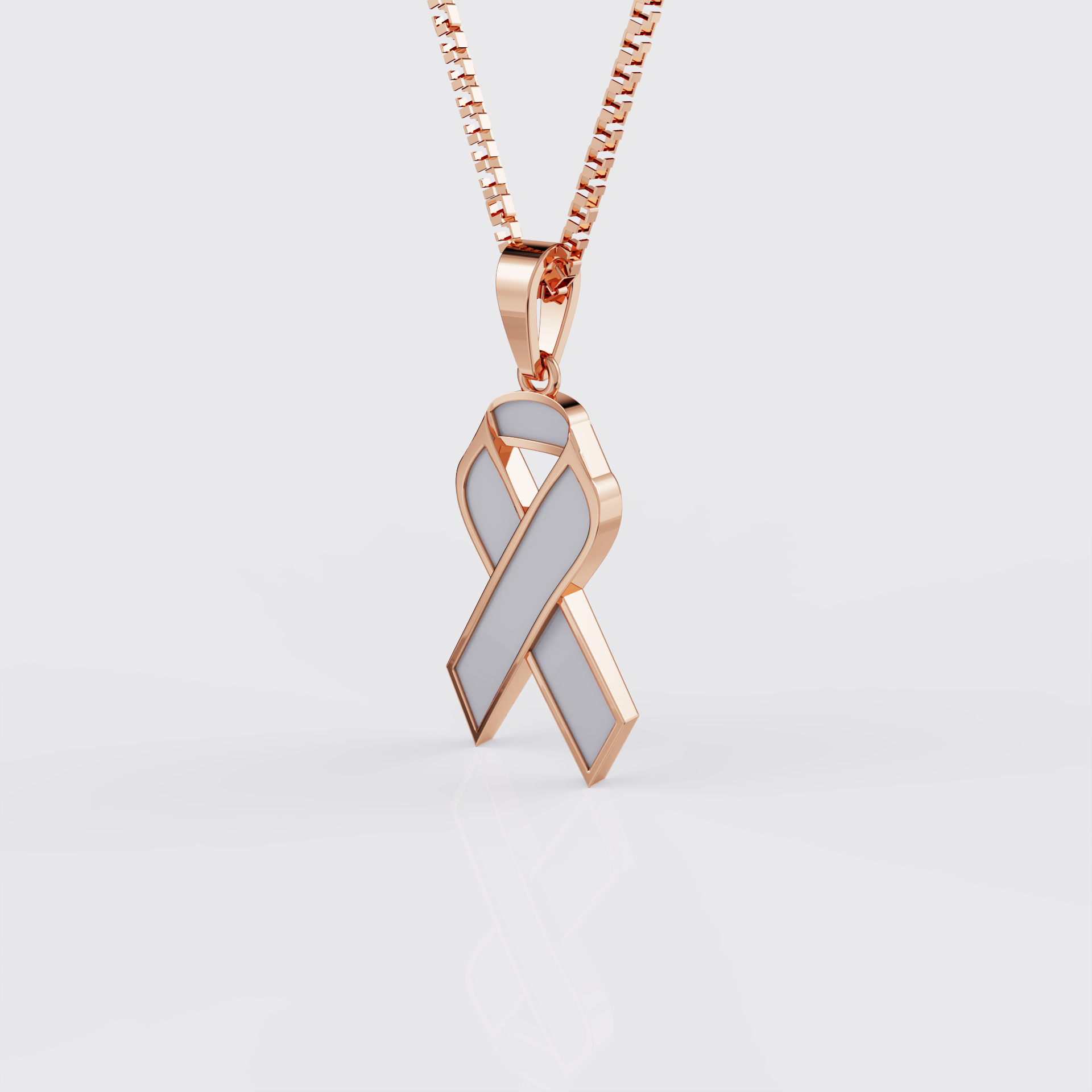 Side profile of rose gold brain cancer awareness ribbon pendant necklace.