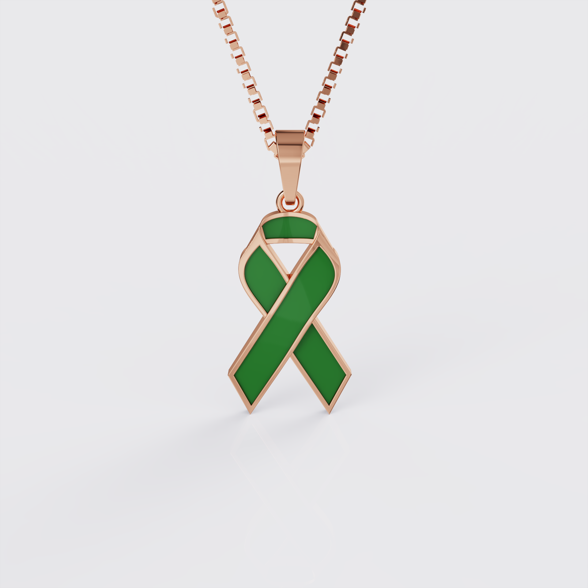 Rose gold cerebral palsy awareness ribbon pendant necklace with green enamel, front view.