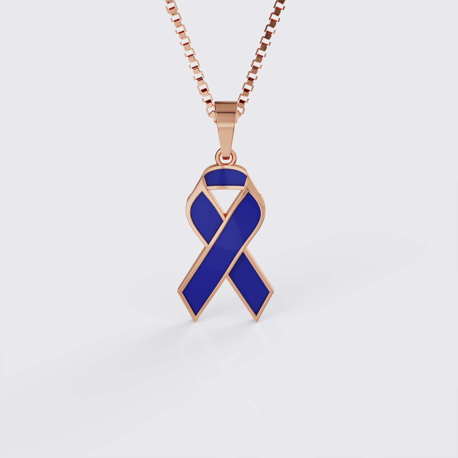 Rose gold colorectal cancer awareness ribbon pendant necklace with blue enamel, front view.