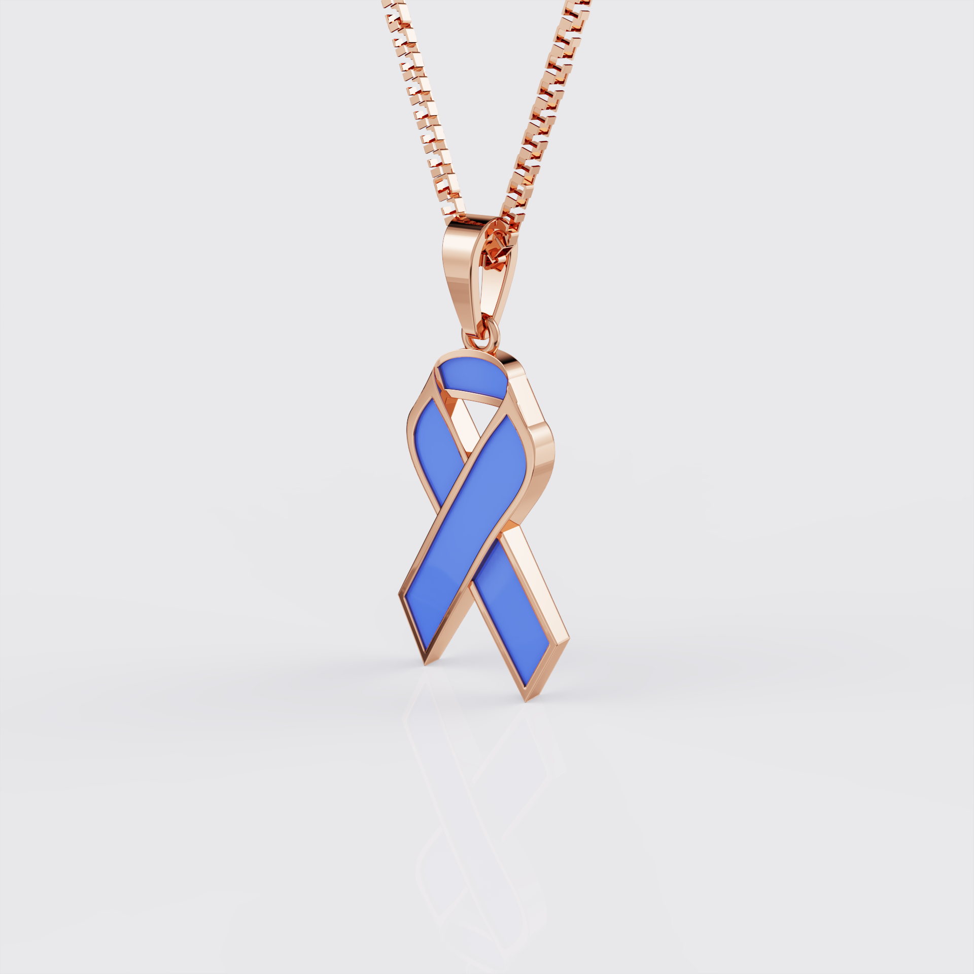 Side profile of rose gold esophageal cancer awareness ribbon pendant necklace.