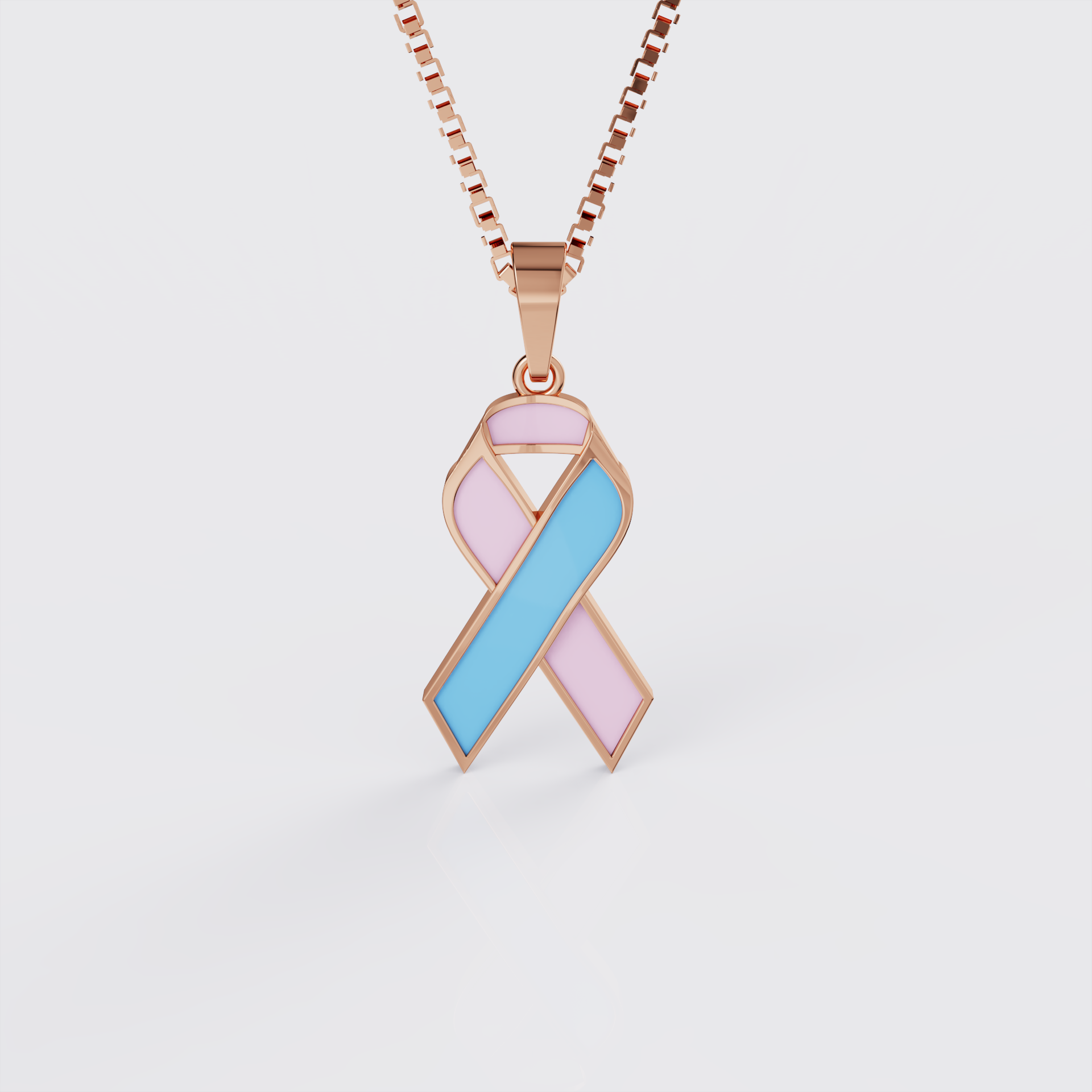 Rose gold infant loss awareness ribbon pendant necklace with pink and blue enamel, front view.