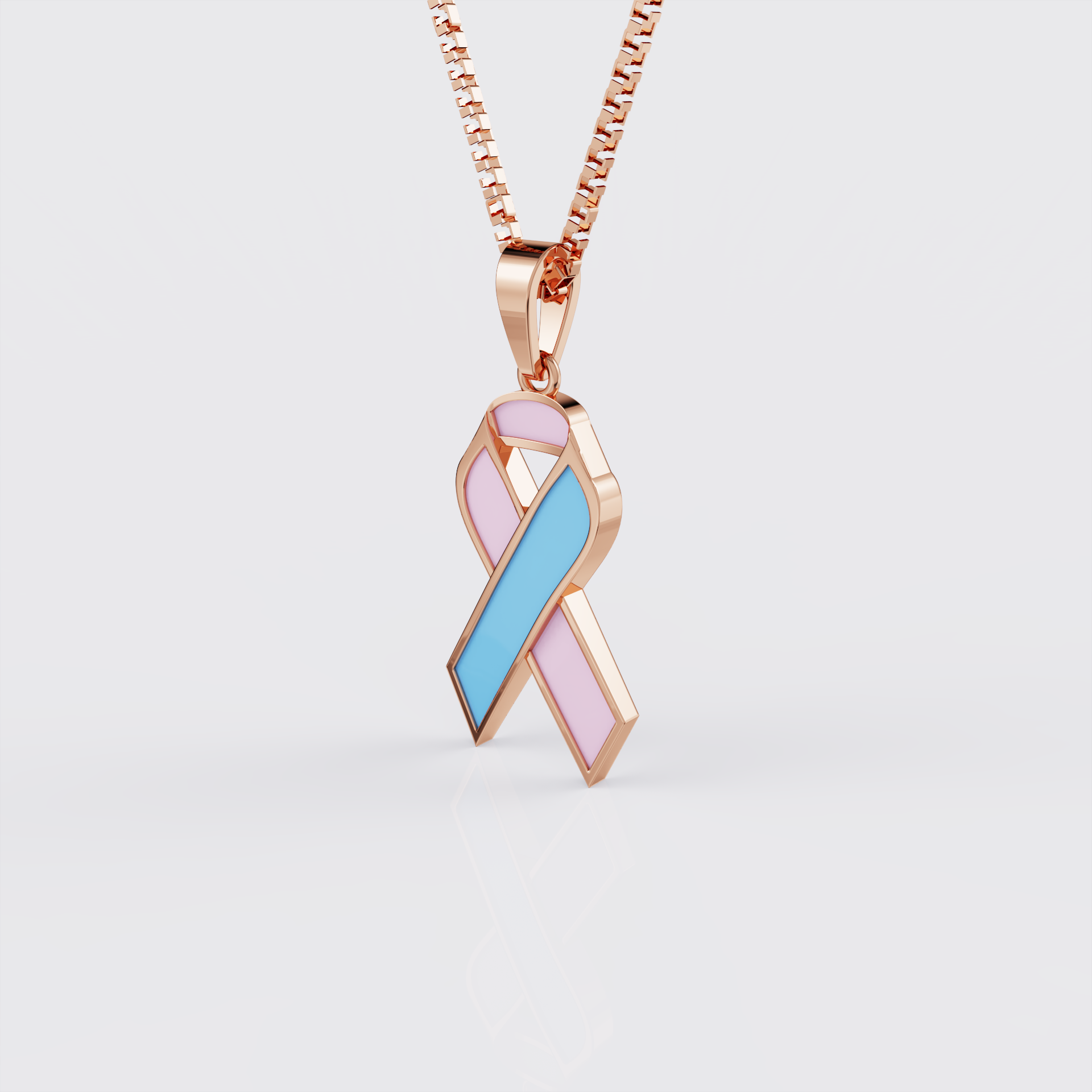 Side profile of rose gold infant loss awareness ribbon pendant necklace.