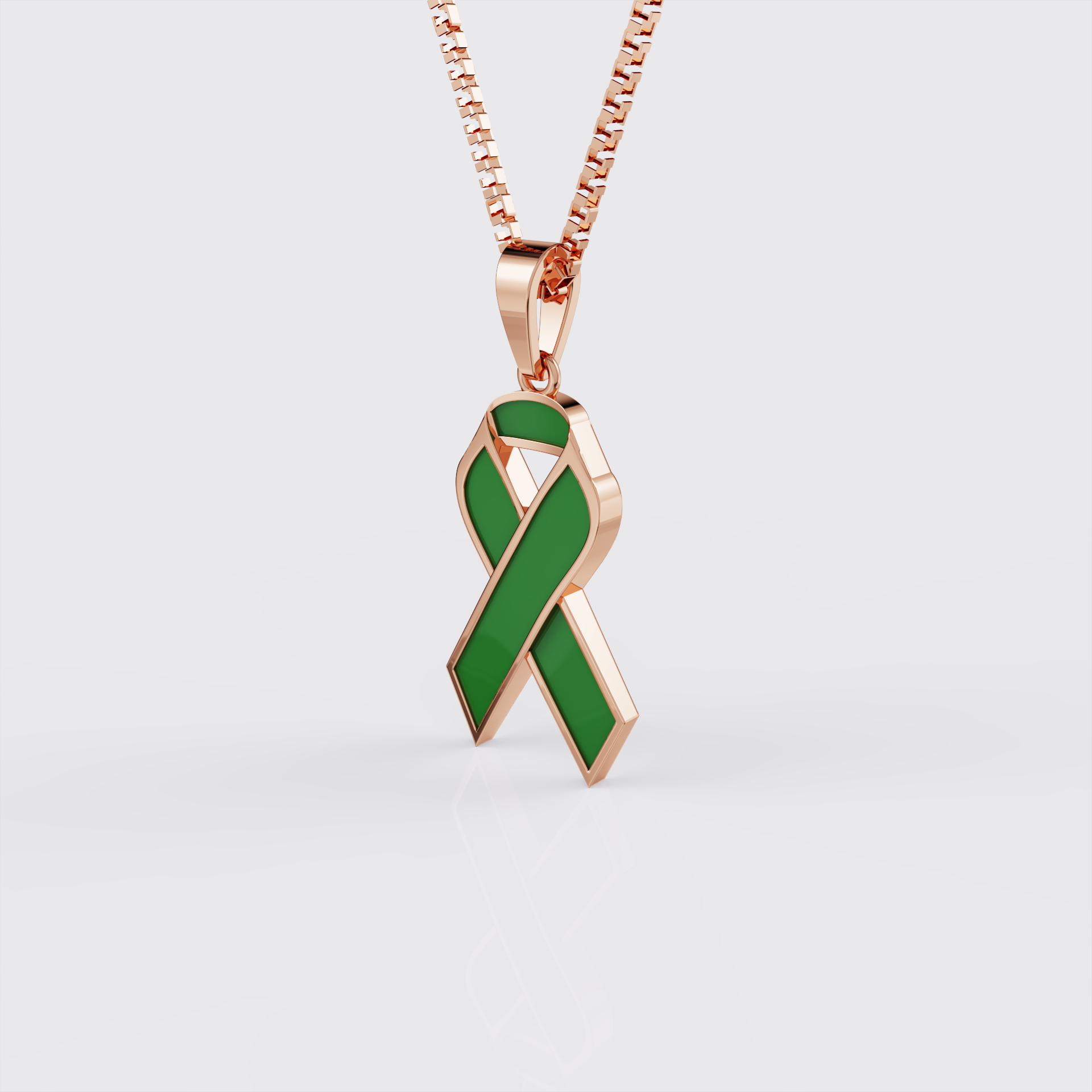 Side profile of rose gold liver cancer awareness ribbon pendant necklace.