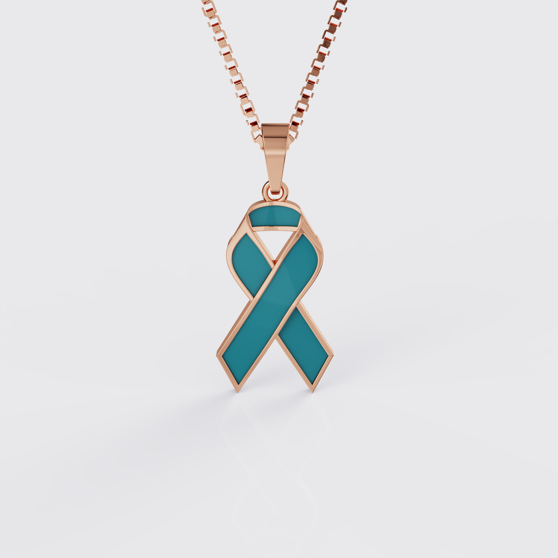 Rose gold ovarian cancer awareness ribbon pendant necklace with teal enamel, front view.