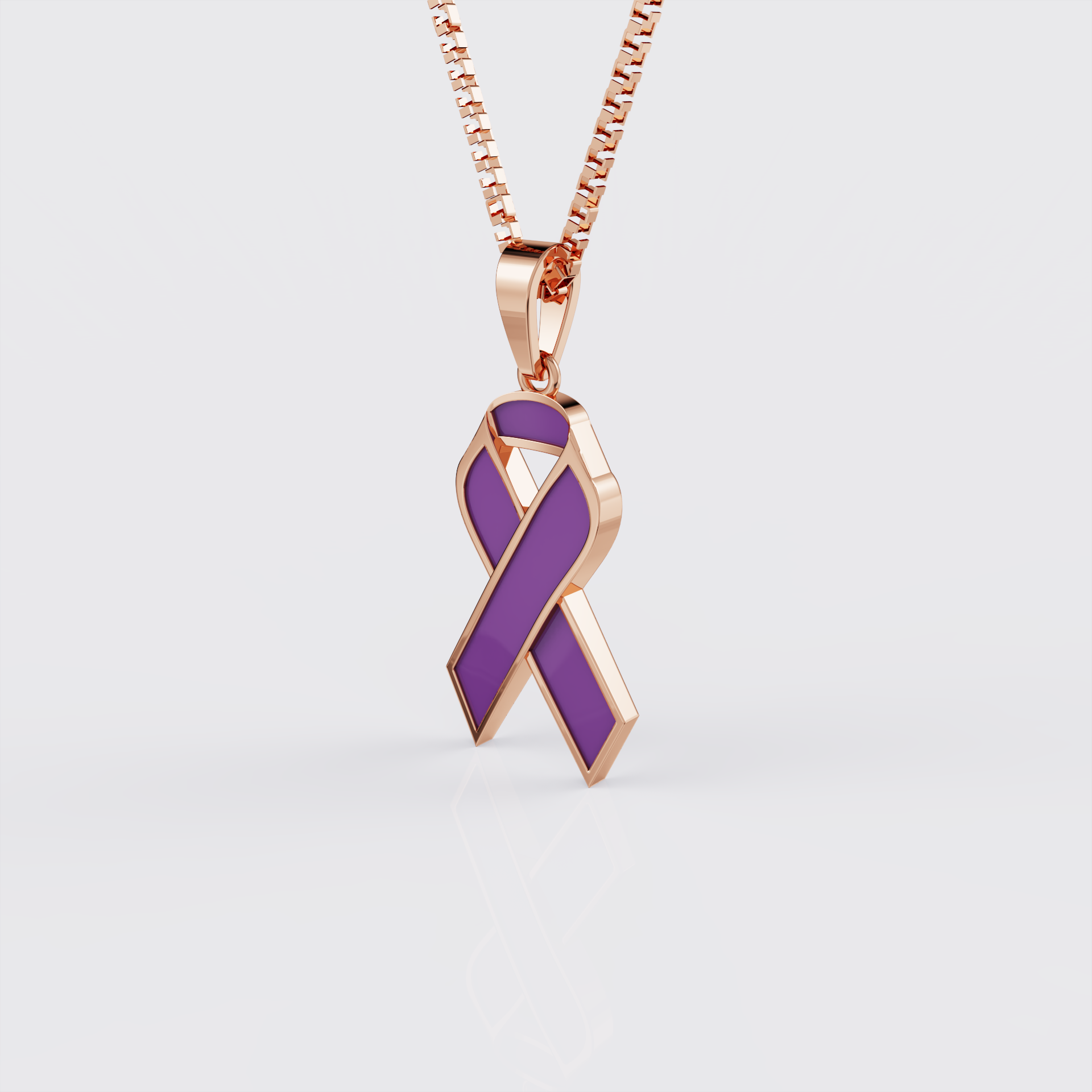 Side profile of rose gold pancreatic cancer awareness ribbon pendant necklace.