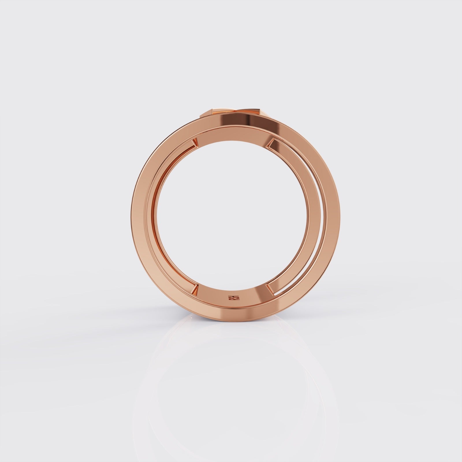 Side view of rose gold breast cancer awareness ribbon ring.