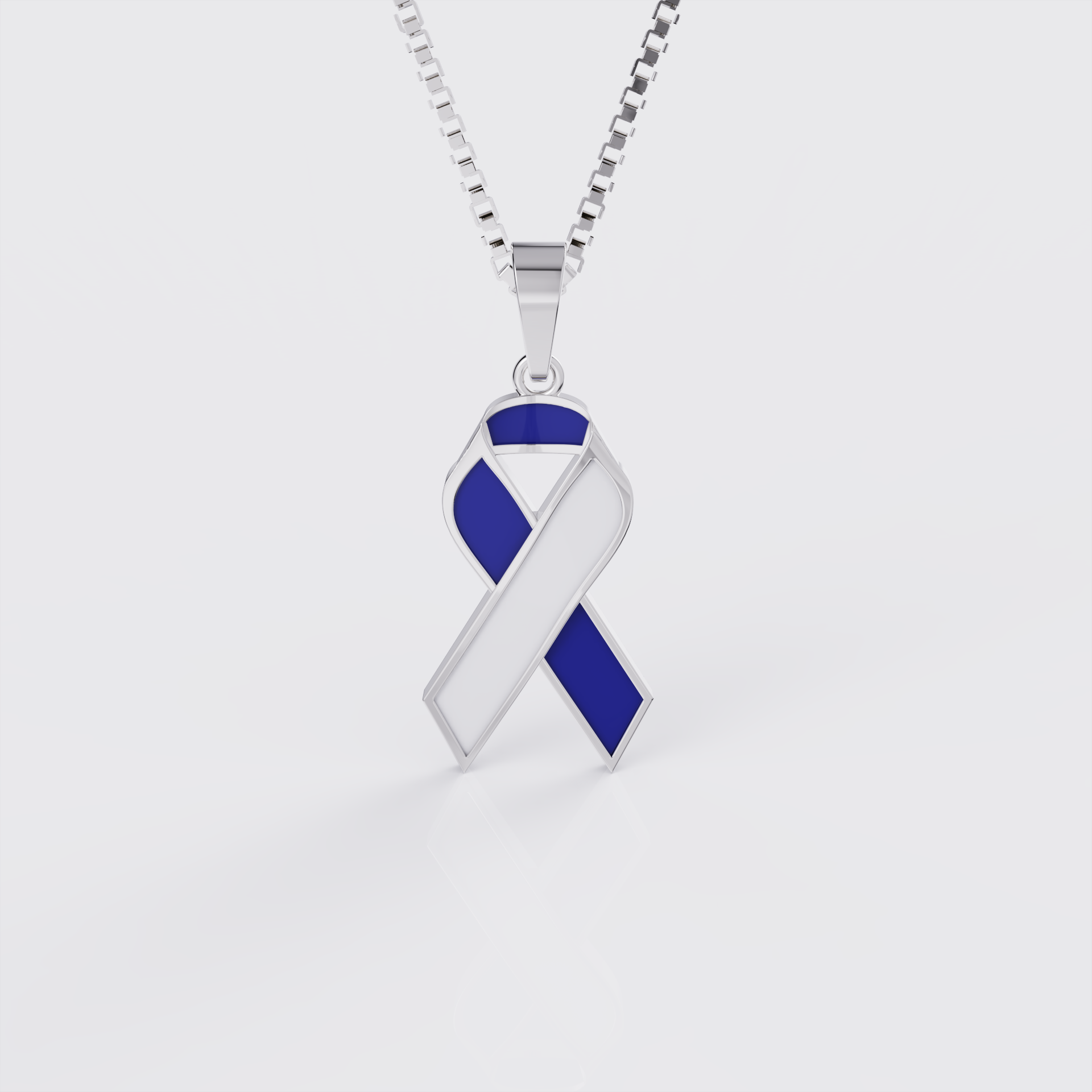 White gold ALS awareness ribbon pendant necklace with blue enamel, front view.