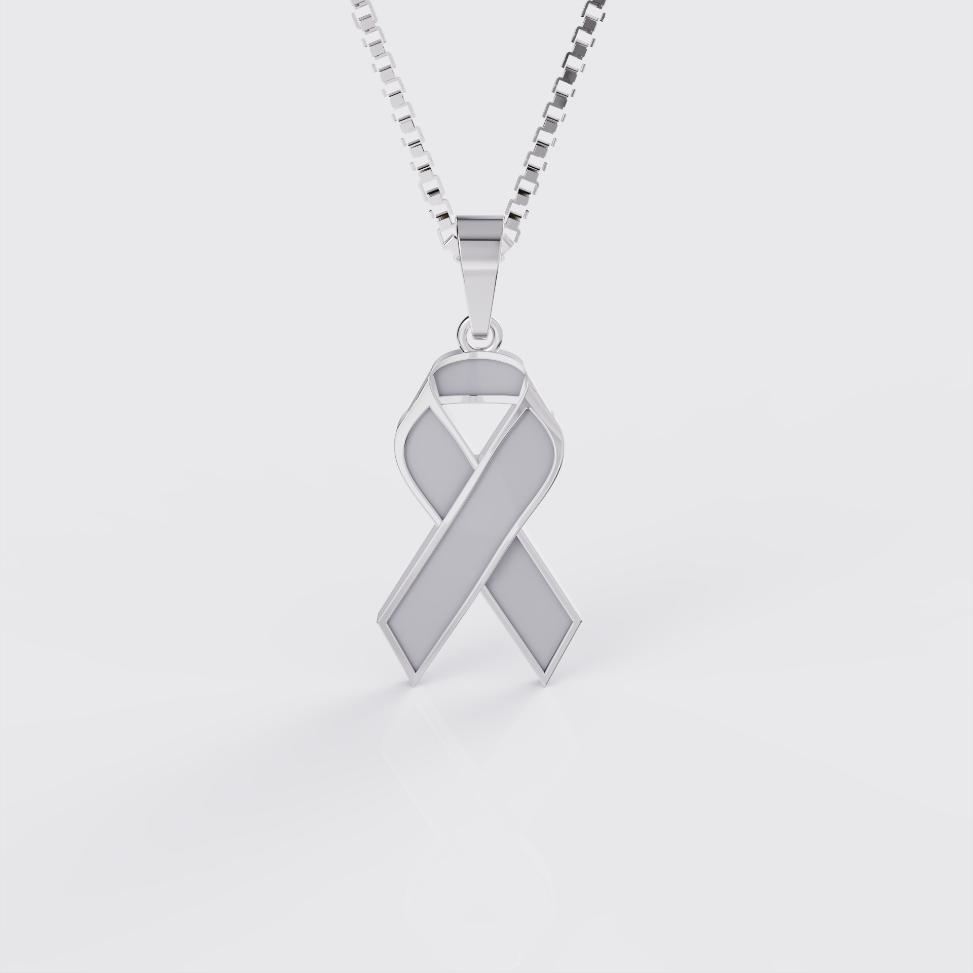 White gold brain cancer awareness ribbon pendant necklace with gray enamel, front view.