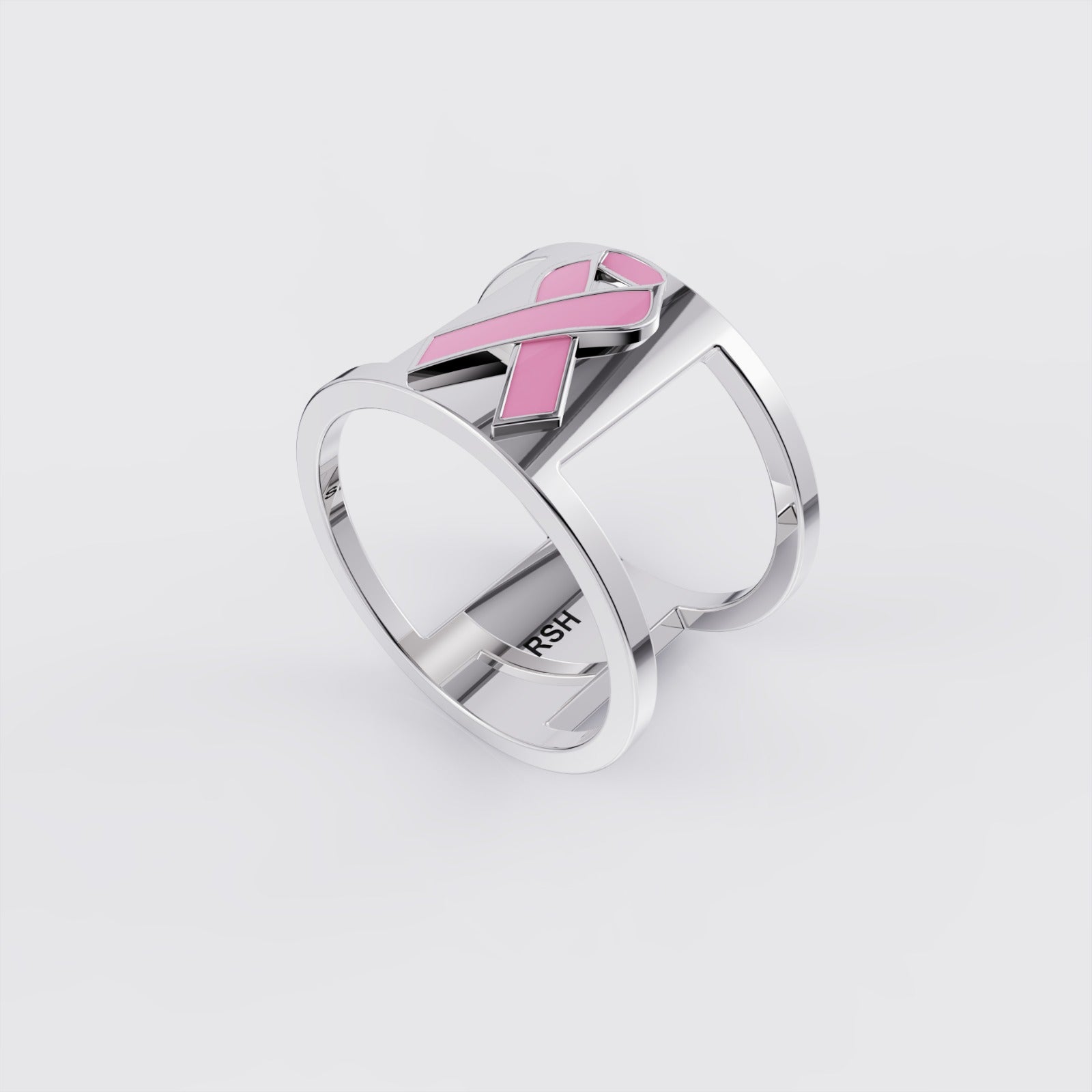 Back view of white gold breast cancer ribbon awareness ring.