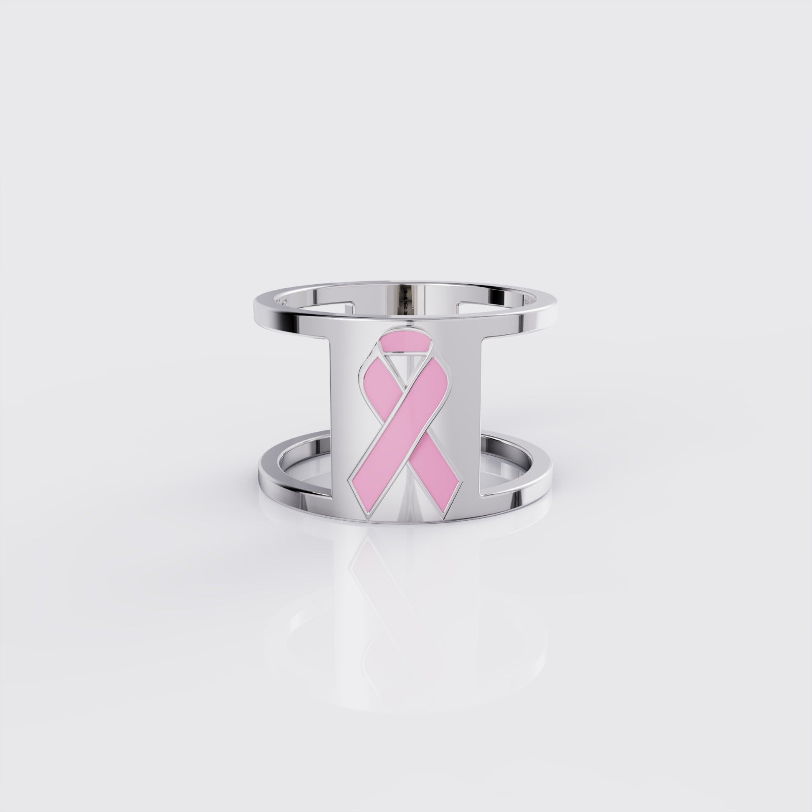 White gold breast cancer ribbon ring with pink enamel, front view.