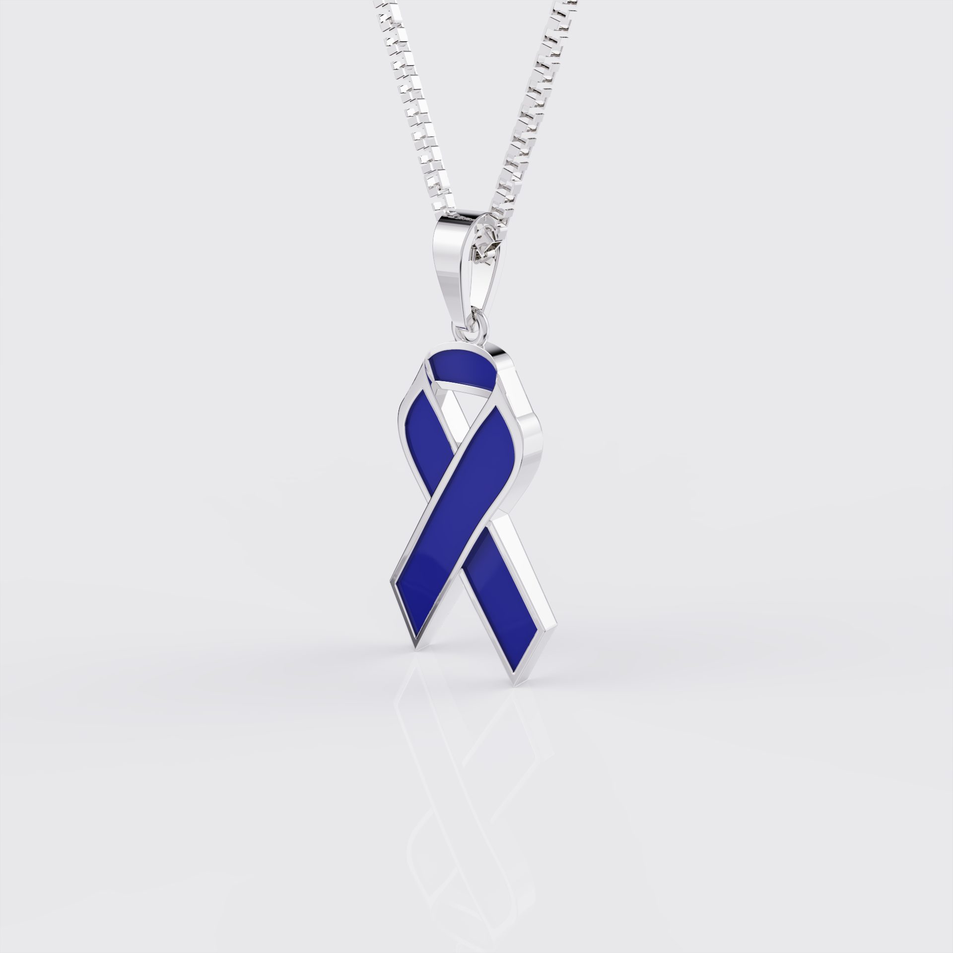 Side profile of white gold colorectal cancer awareness ribbon pendant necklace.