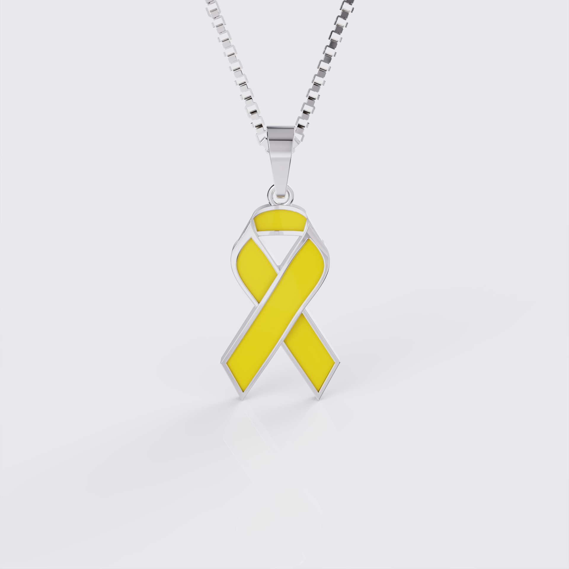 White gold endometriosis awareness ribbon pendant necklace with yellow enamel, front view.