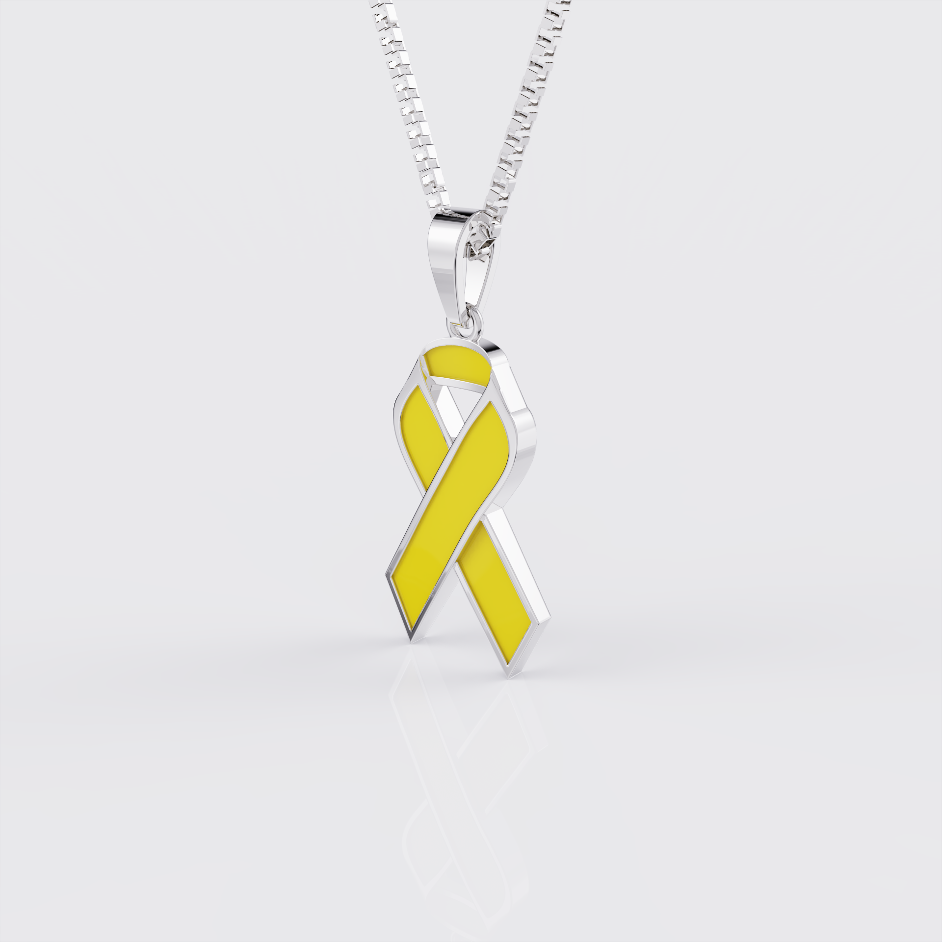 Side profile of white gold endometriosis awareness ribbon pendant necklace.