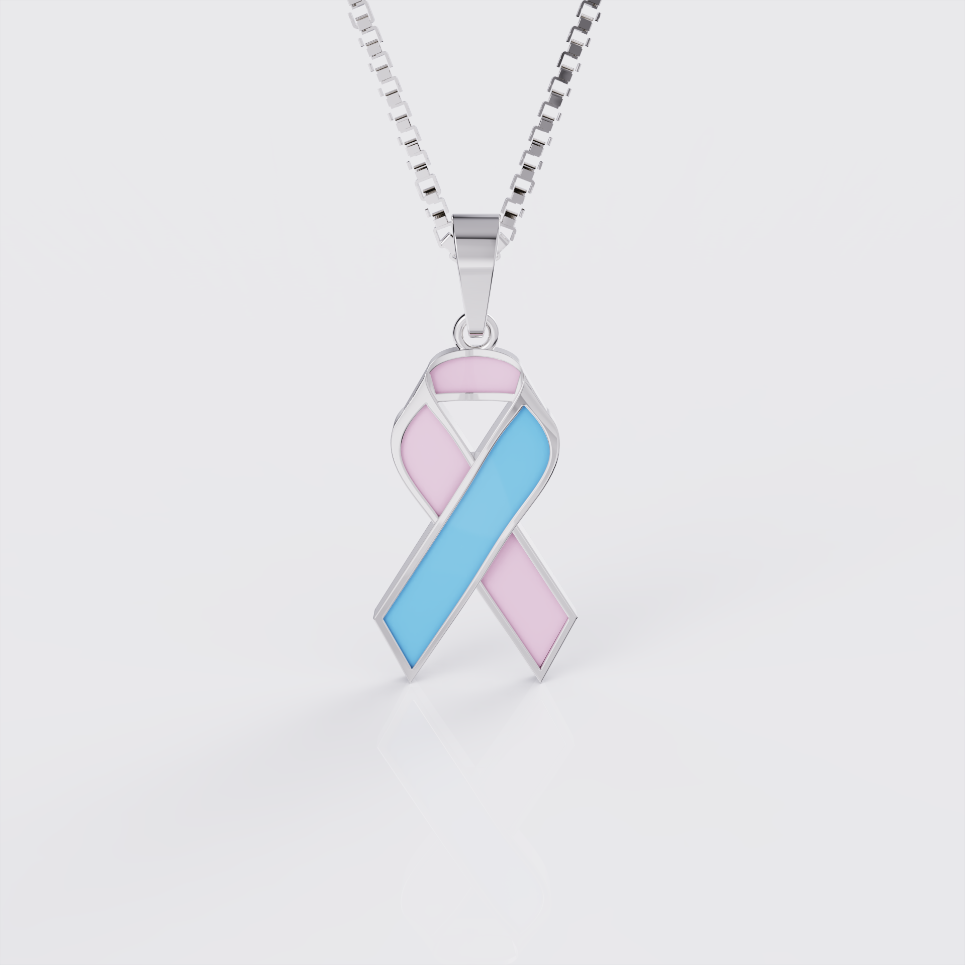 White gold infant loss awareness ribbon pendant necklace with pink and blue enamel, front view.