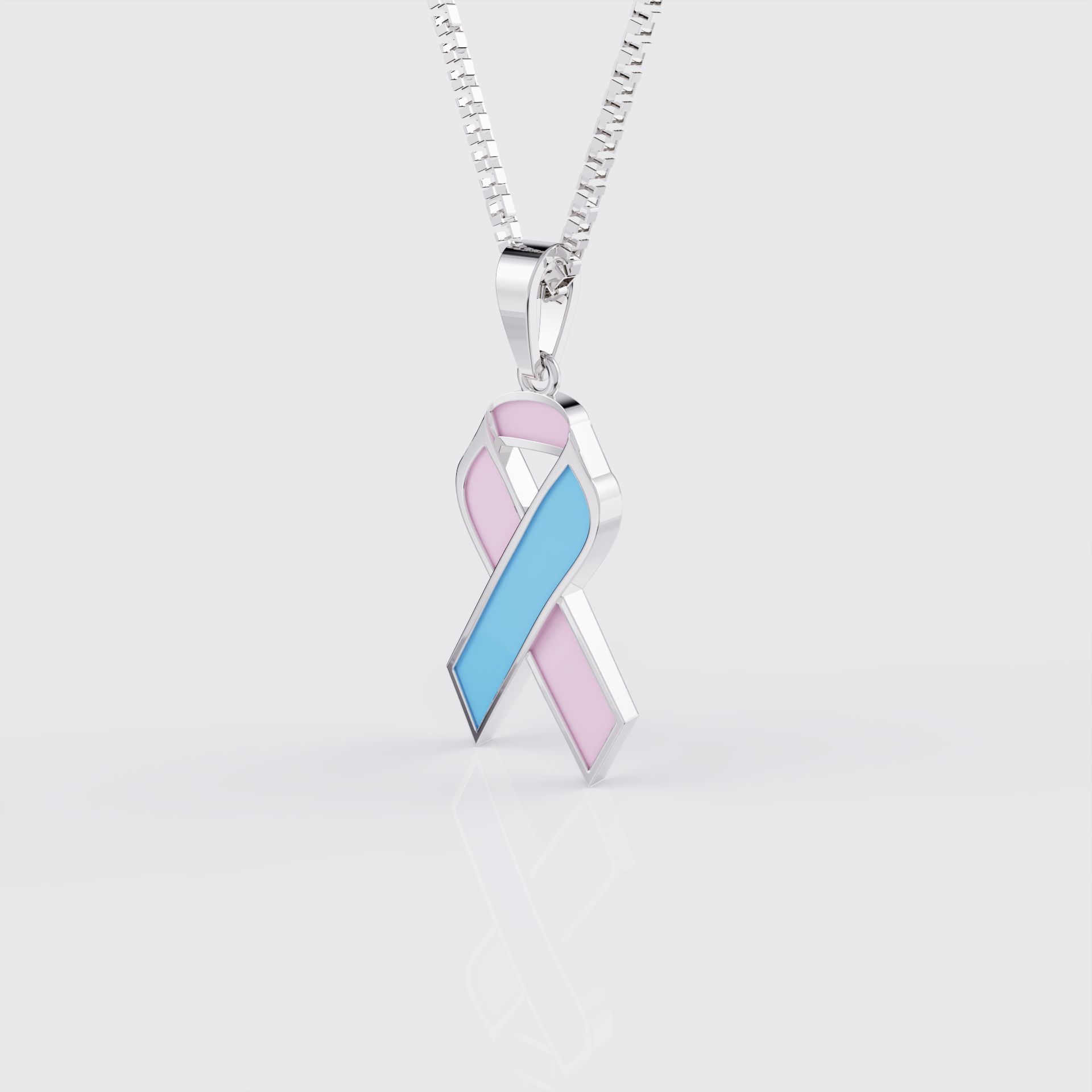 Side profile of white gold infant loss awareness ribbon pendant necklace.