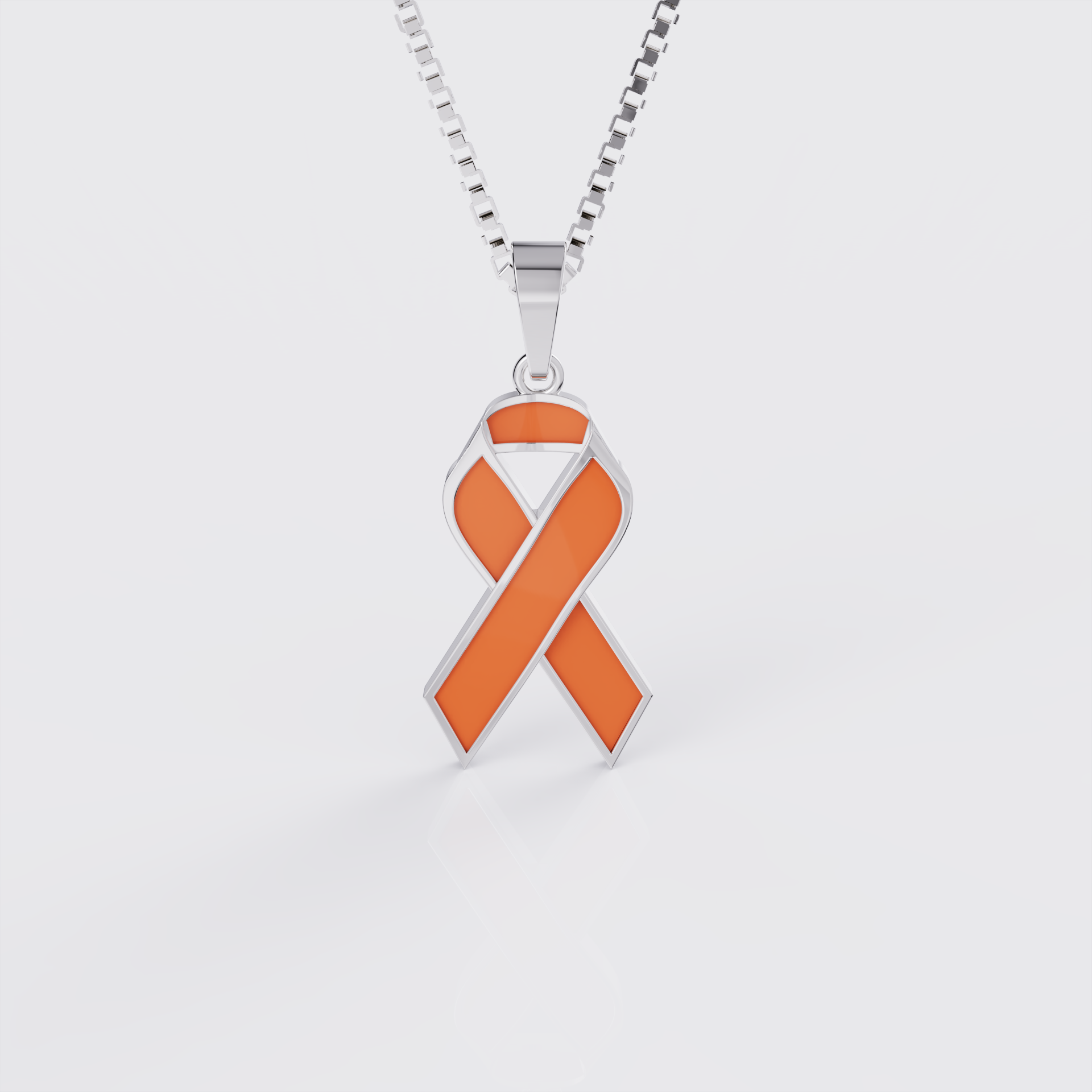 White gold kidney cancer awareness ribbon pendant necklace with orange enamel, front view.