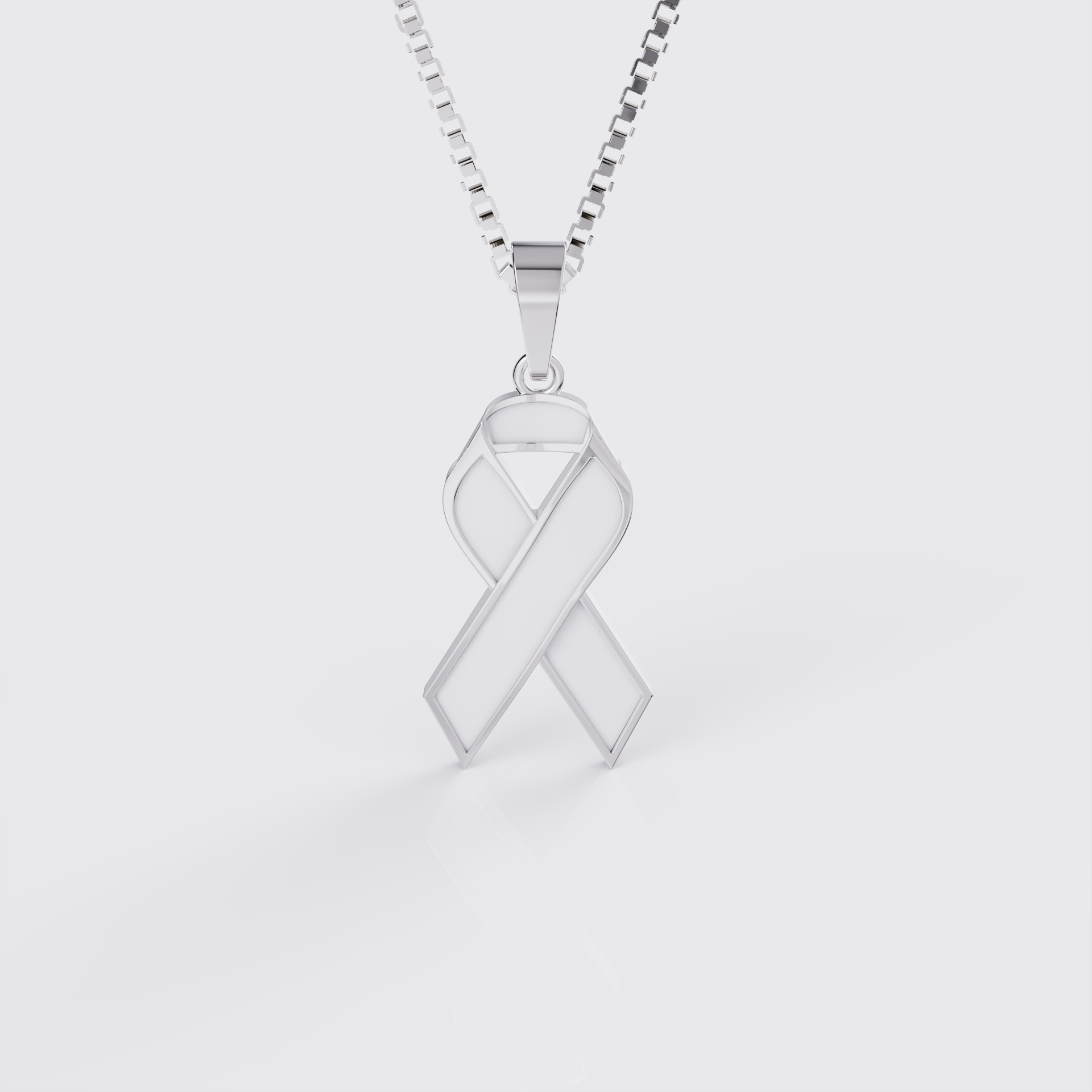White gold lung cancer awareness ribbon pendant necklace with pearl white enamel, front view.