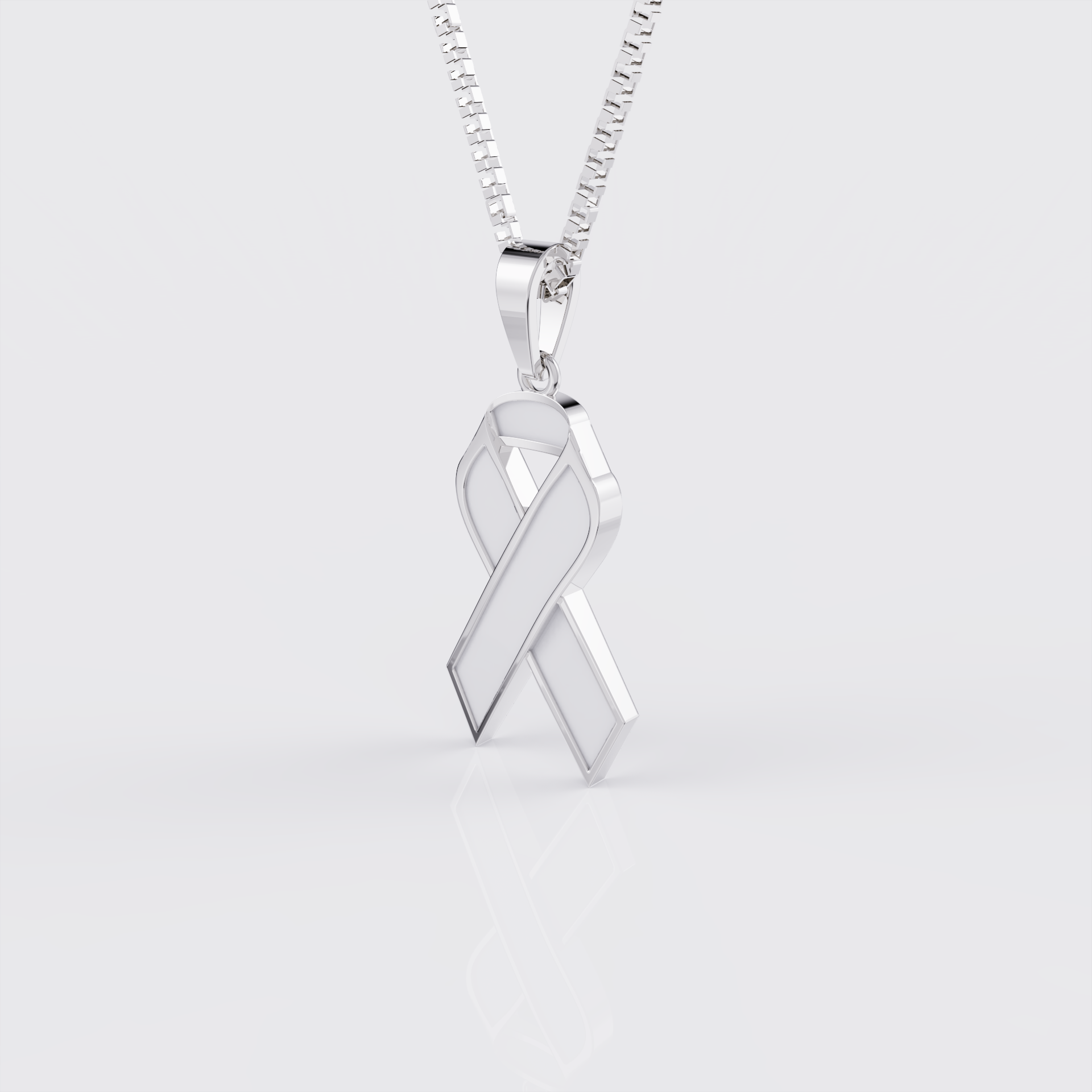 Side profile of white gold lung cancer awareness ribbon pendant necklace.