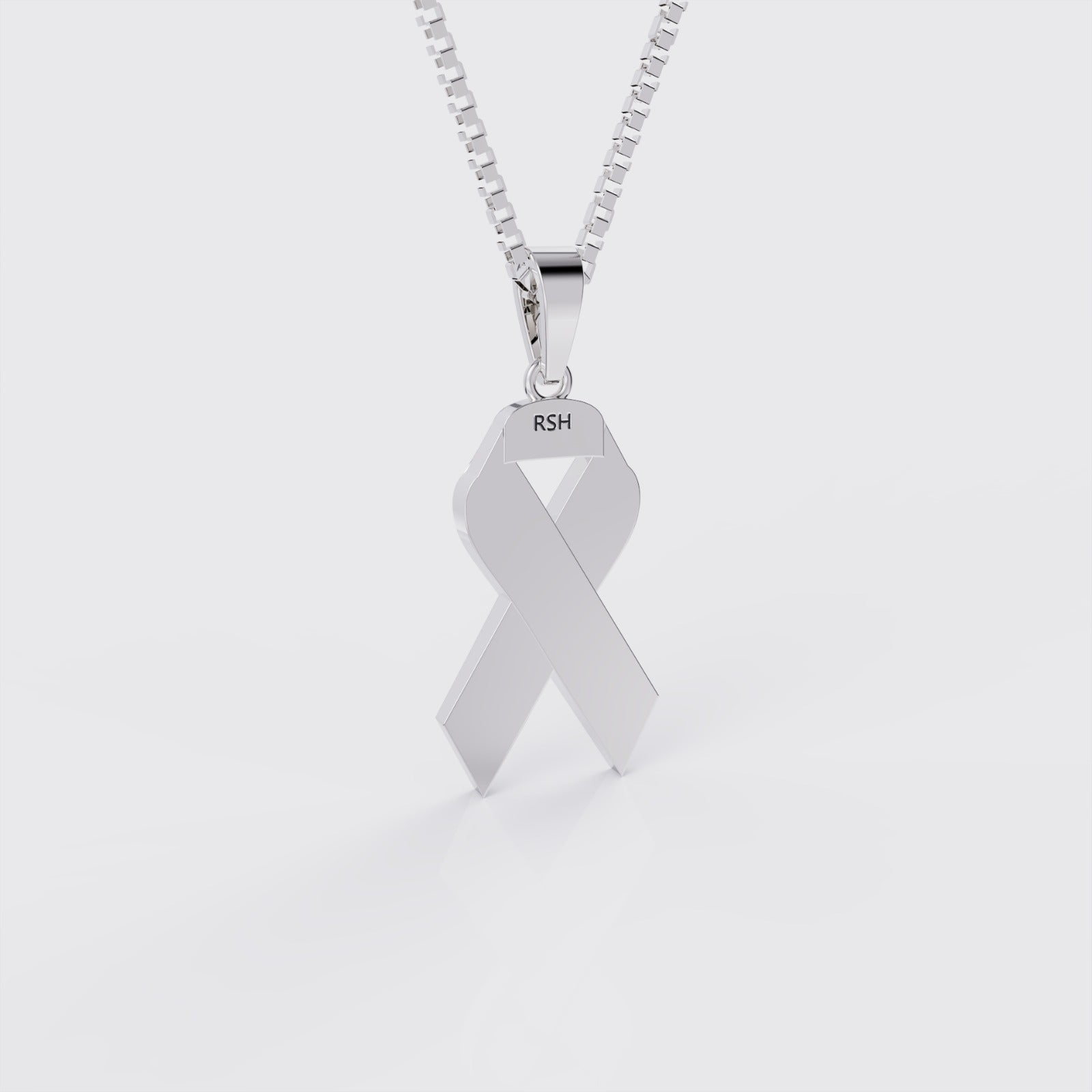 Back view of white gold ovarian cancer awareness ribbon pendant necklace.