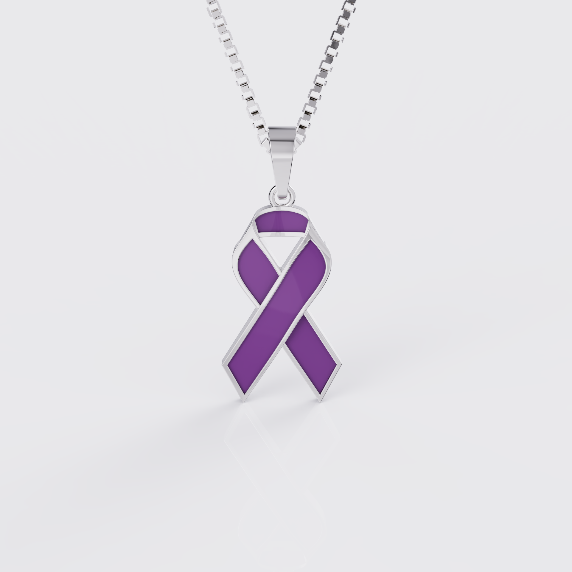 White gold pancreatic cancer awareness ribbon pendant necklace with purple enamel, front view.