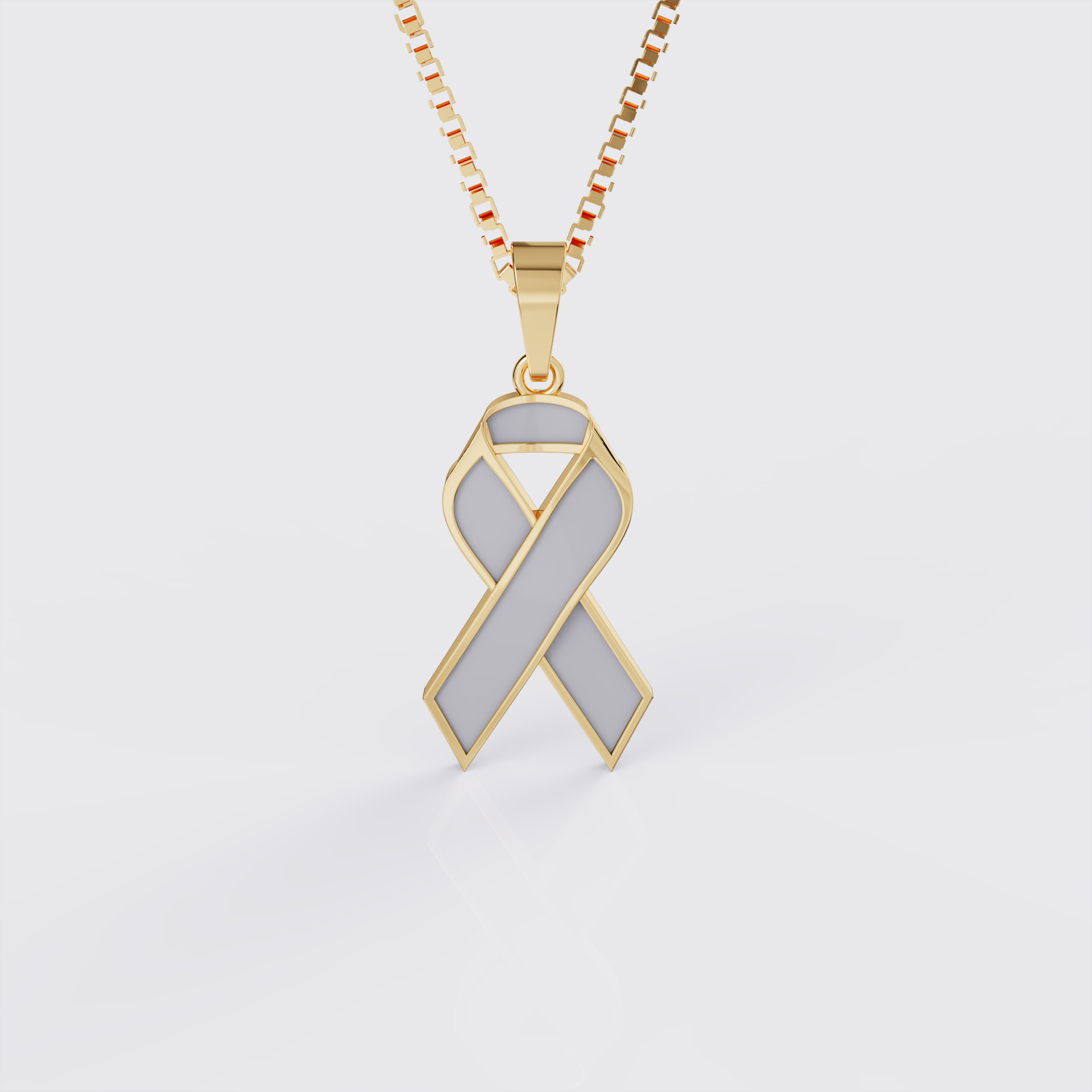 Yellow gold brain cancer awareness ribbon pendant necklace with gray enamel, front view.