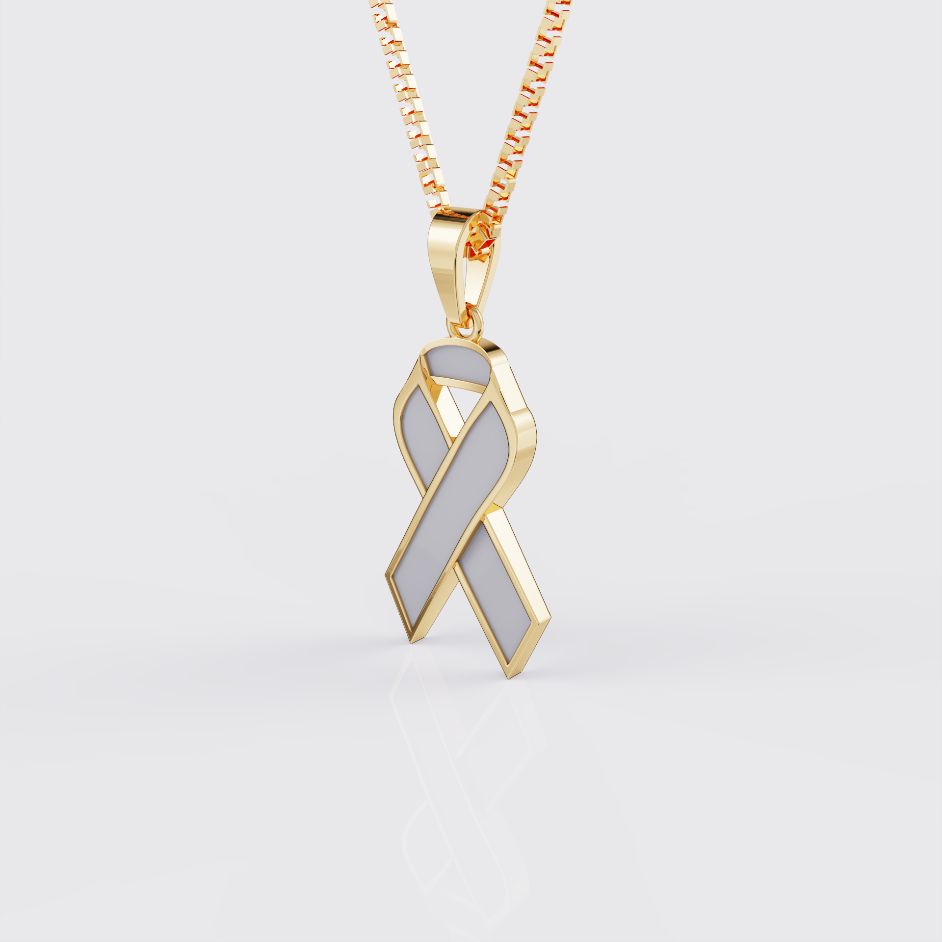 Side view of yellow gold brain cancer awareness ribbon pendant necklace.