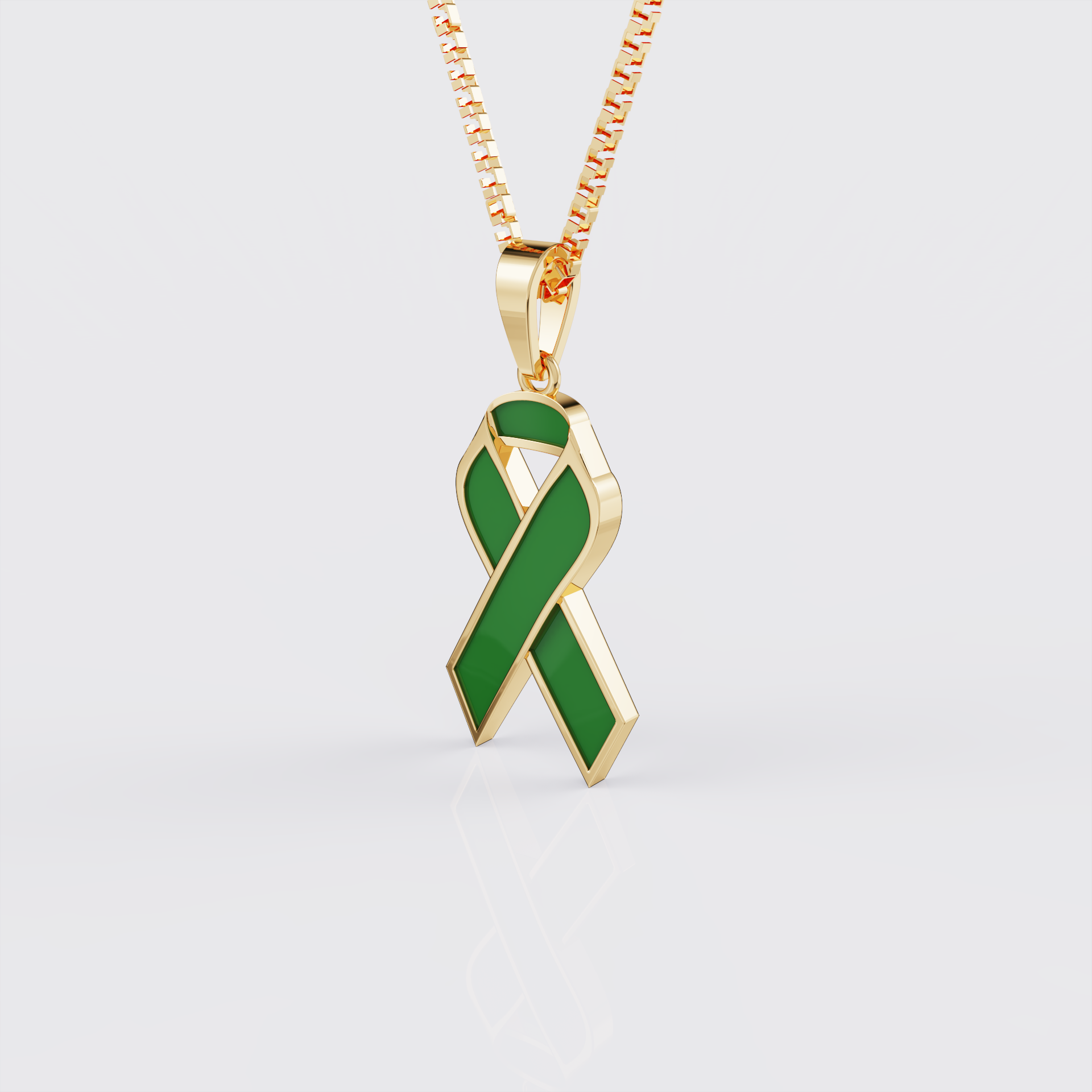 Side view of yellow gold cerebral palsy awareness ribbon pendant necklace.