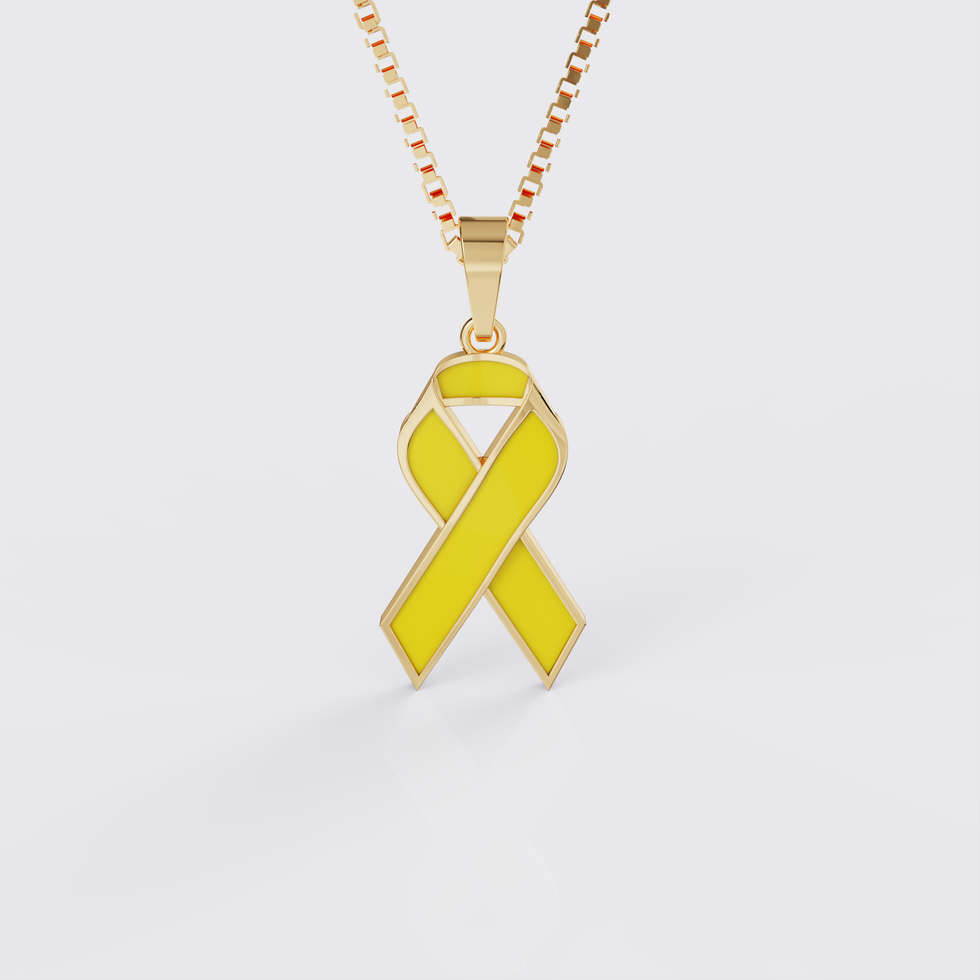 Yellow gold endometriosis awareness ribbon pendant necklace with yellow enamel, front view.