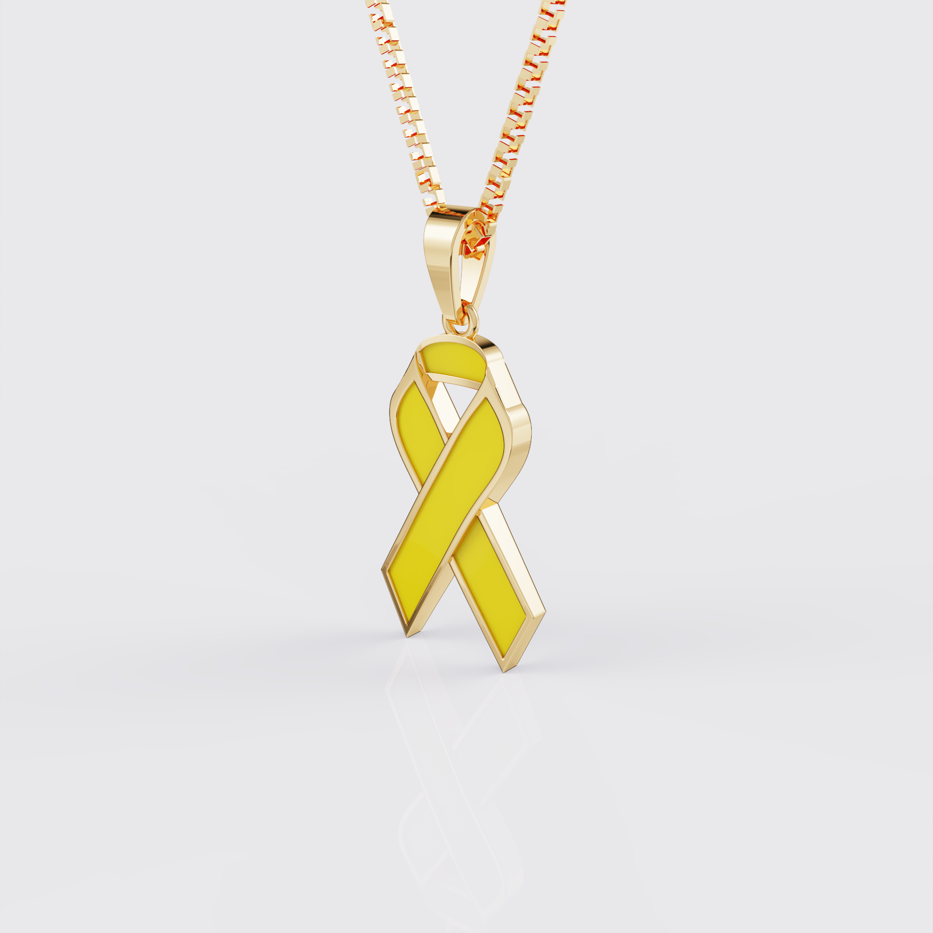 Side view of yellow gold endometriosis awareness ribbon pendant necklace.
