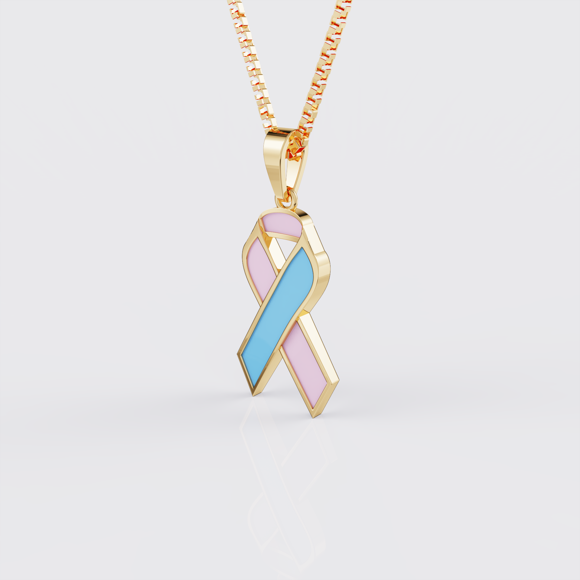 Side view of yellow gold infant loss awareness ribbon pendant necklace.