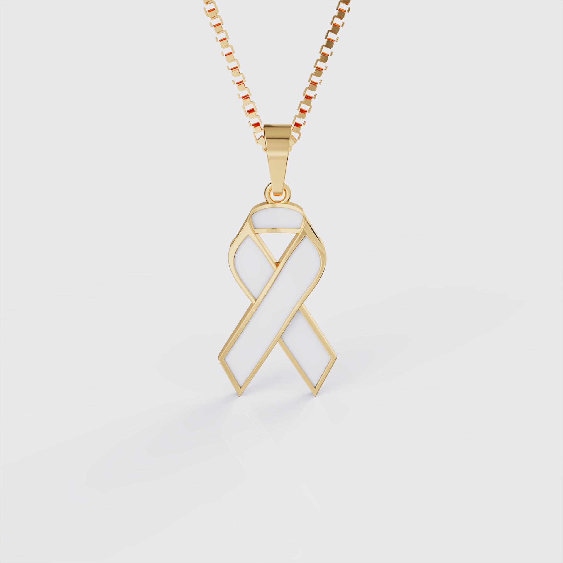 Yellow gold lung cancer awareness ribbon pendant necklace with pearl white enamel, front view.