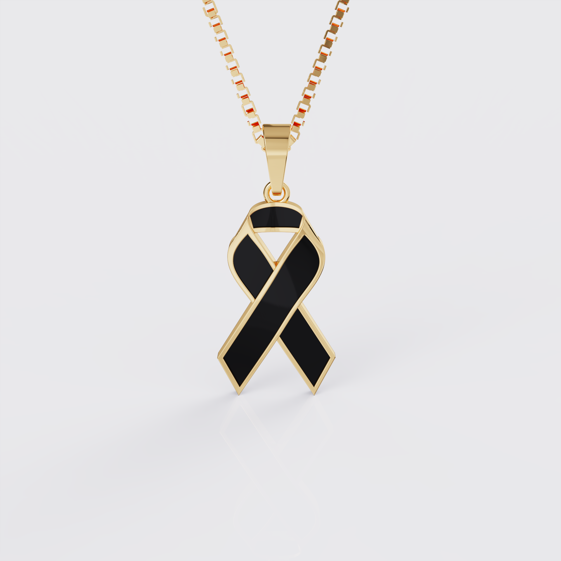 Yellow gold melanoma skin cancer awareness ribbon pendant necklace with black enamel, front view.