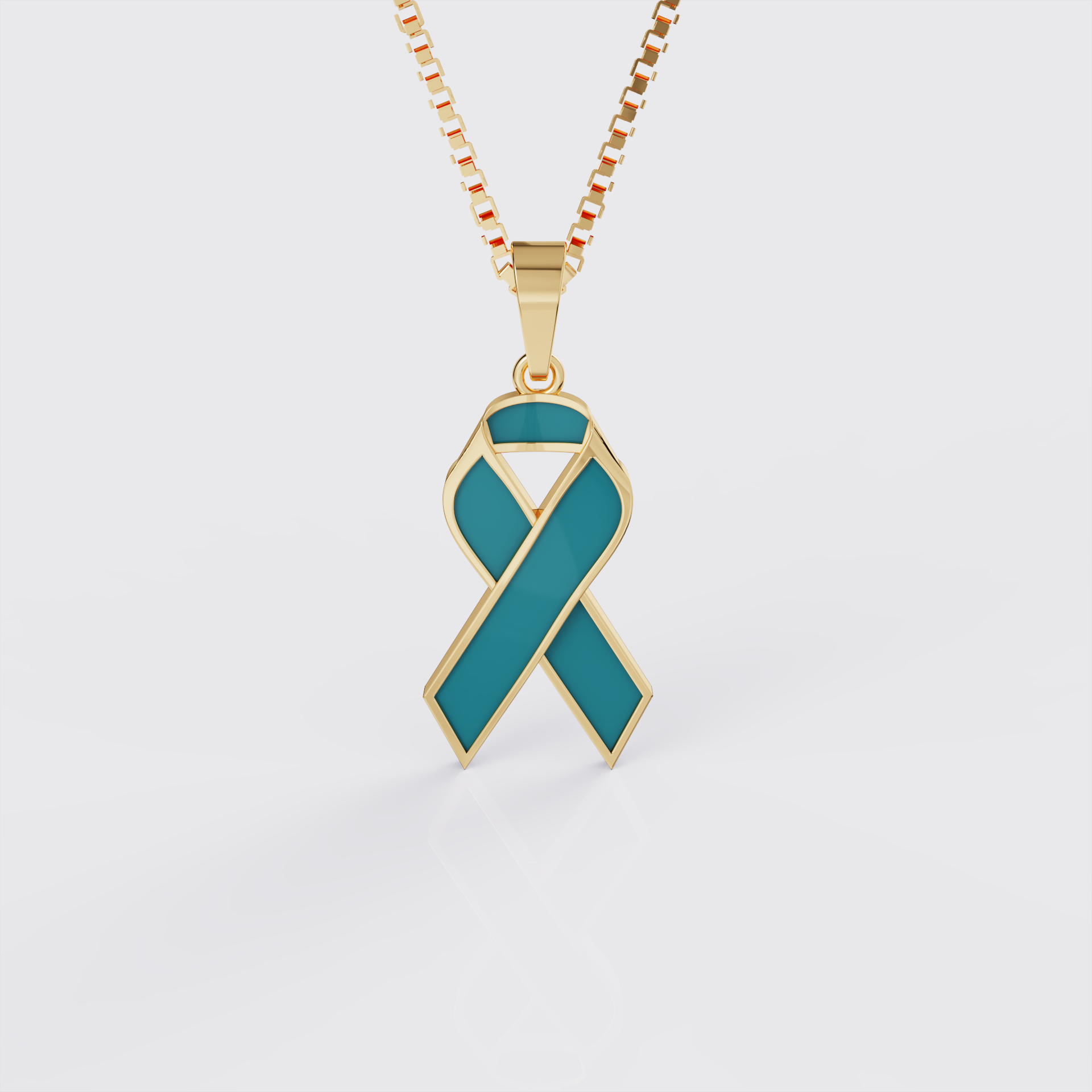 Yellow gold ovarian cancer awareness ribbon pendant necklace with teal enamel, front view.
