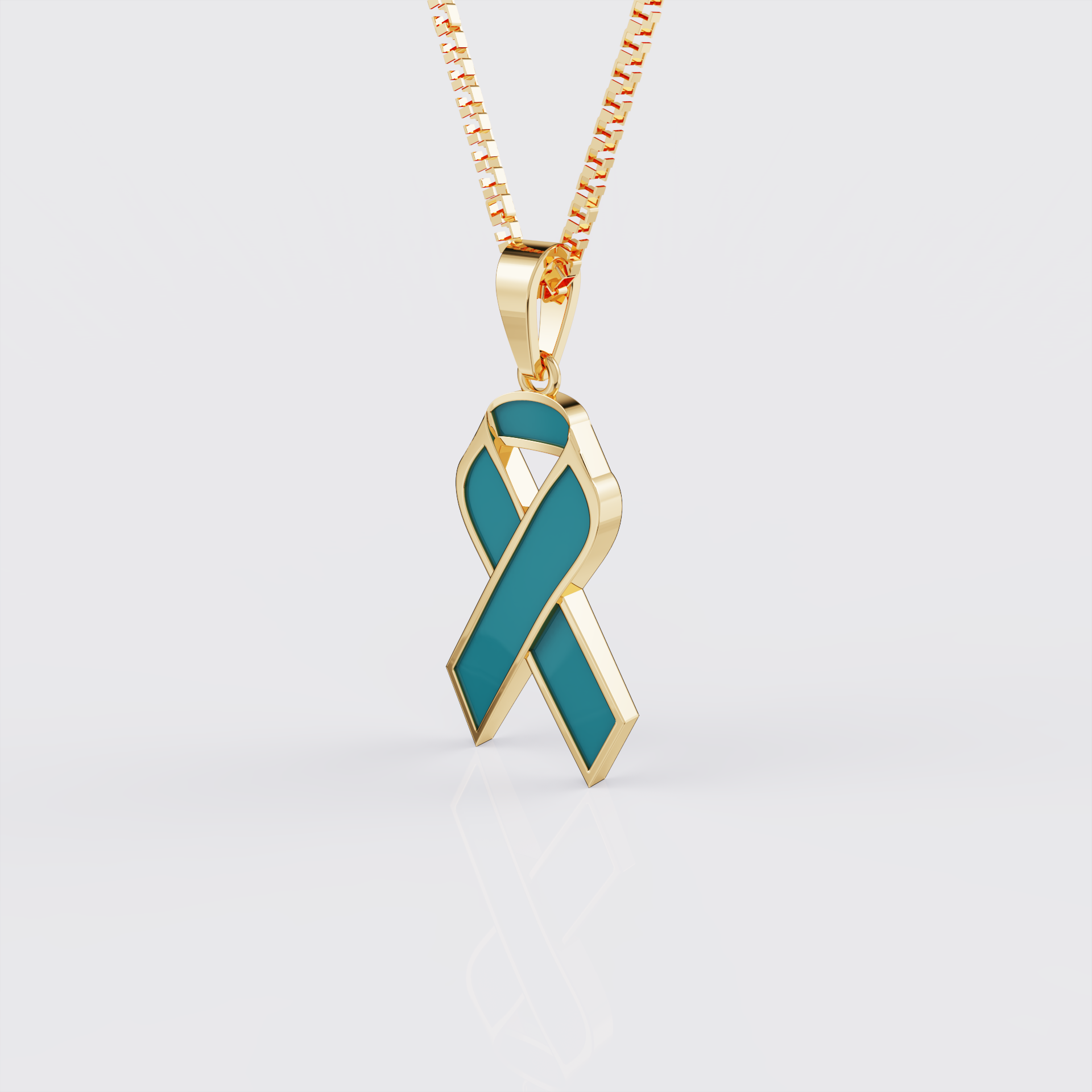 Side view of yellow gold ovarian cancer awareness ribbon pendant necklace.
