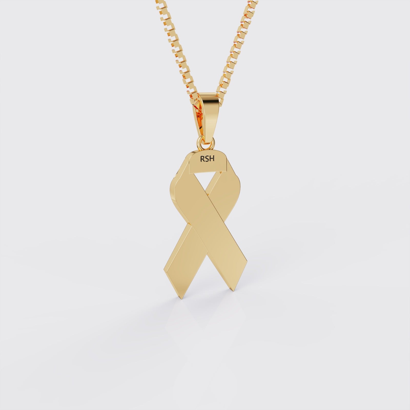 Back view of yellow gold pancreatic cancer awareness ribbon pendant necklace.