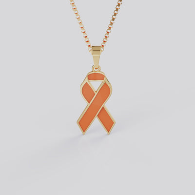 Kidney Cancer Awareness Ribbon Pendant Necklace | Orange Ribbon Jewelry in White, Yellow & Rose Gold