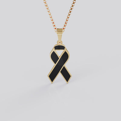 Melanoma Skin Cancer Awareness Ribbon Pendant Necklace | Black Ribbon Jewelry in White, Yellow & Rose Gold