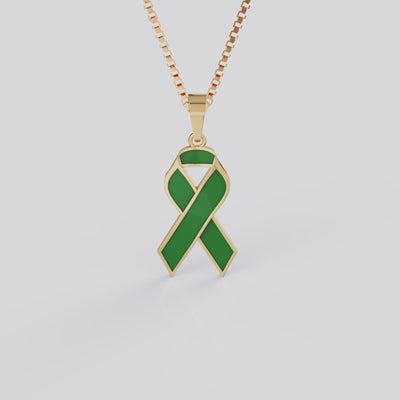 Liver Cancer Awareness Ribbon Pendant Necklace | Green Ribbon Jewelry in White, Yellow & Rose Gold