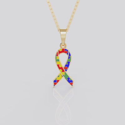 Autism Awareness Ribbon Pendant Necklace | Neurodiversity Jewelry in White, Yellow & Rose Gold