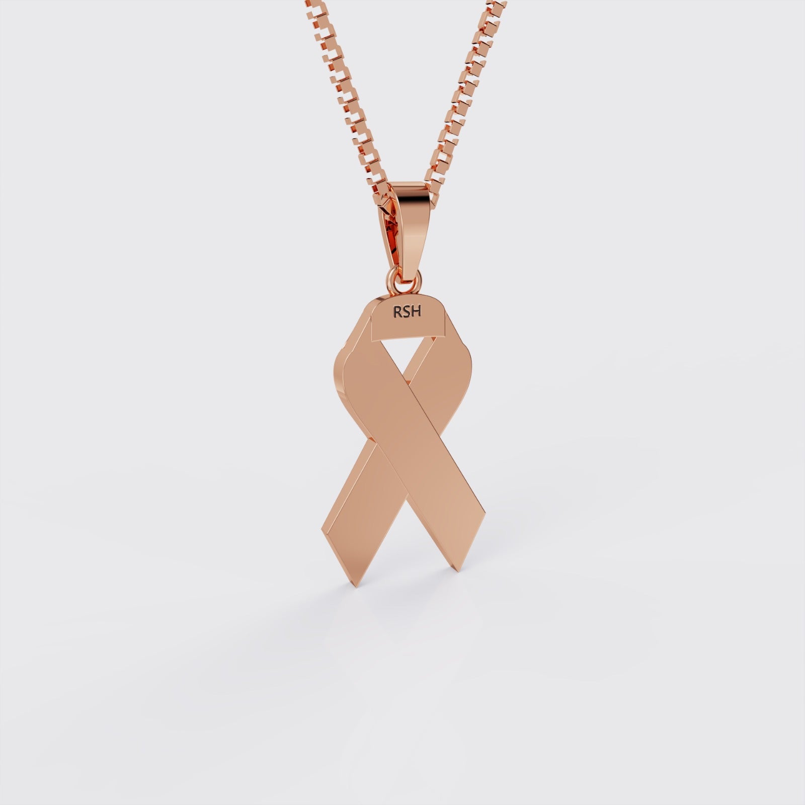 Back view of rose gold ALS awareness ribbon pendant necklace.