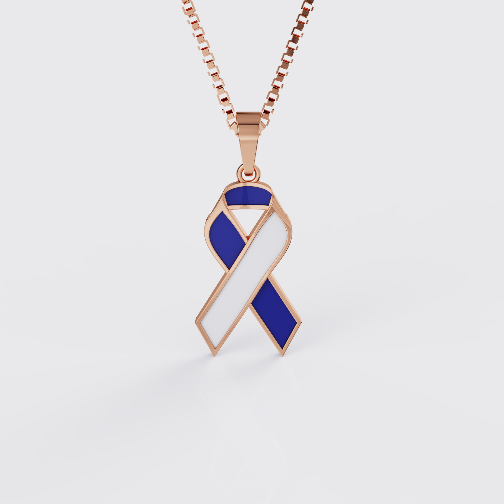 Rose gold ALS awareness ribbon pendant necklace with blue enamel, front view.