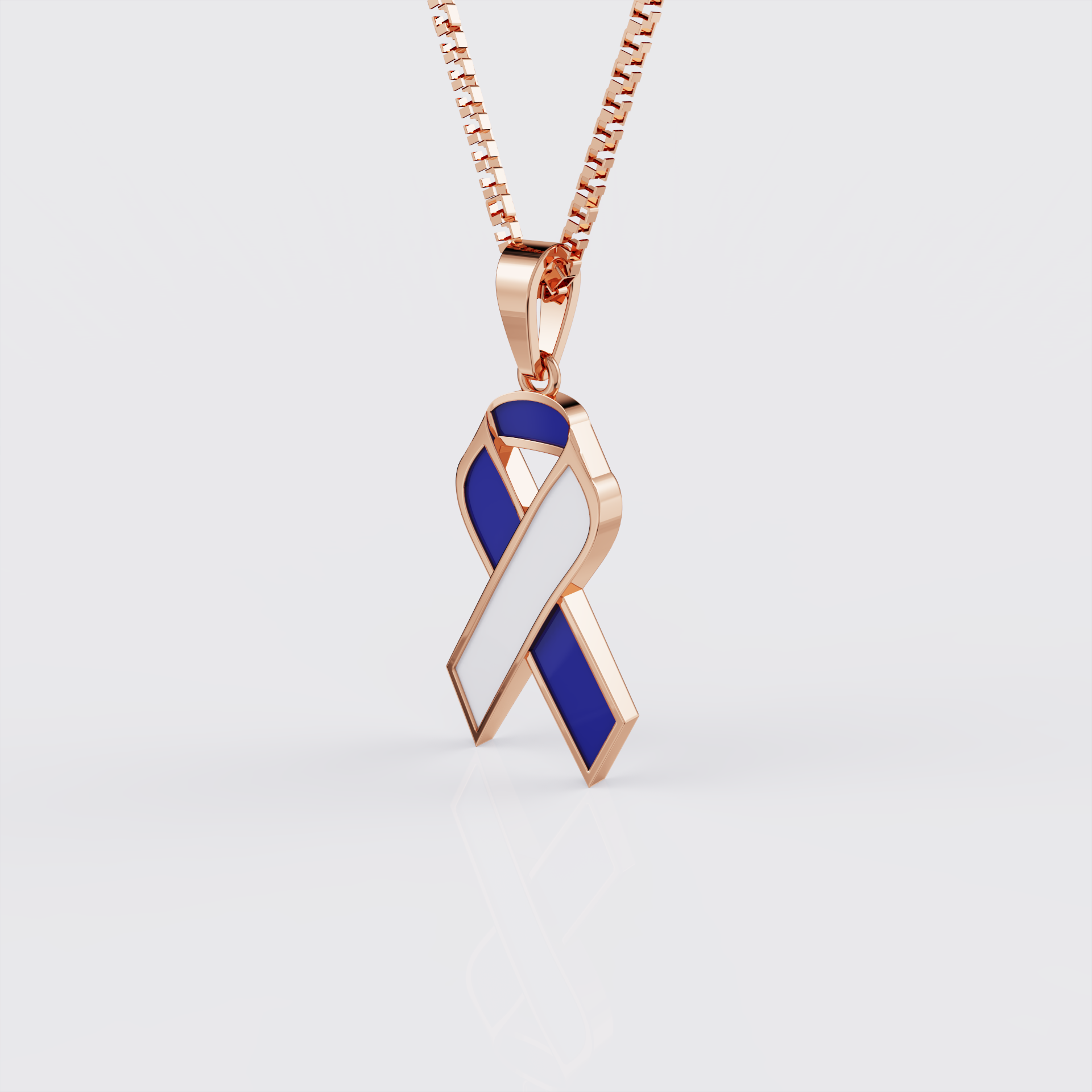 Side profile of rose gold ALS awareness ribbon pendant necklace.