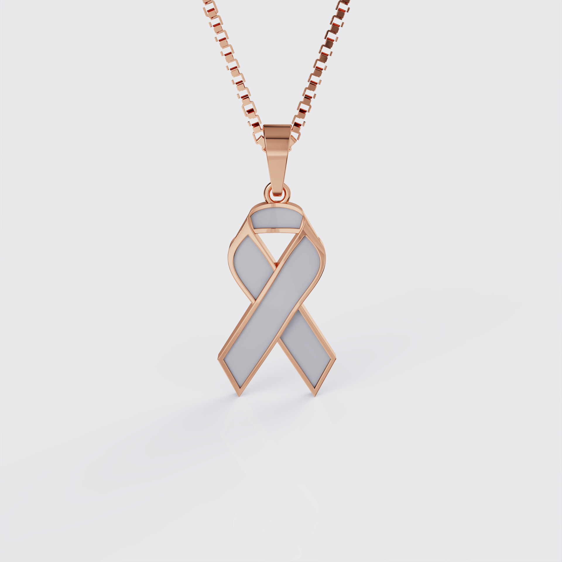 Rose gold brain cancer awareness ribbon pendant necklace with gray enamel, front view.