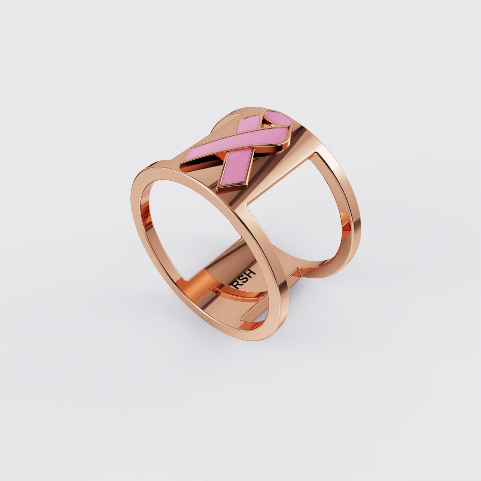 Back view of rose gold breast cancer ribbon awareness ring.