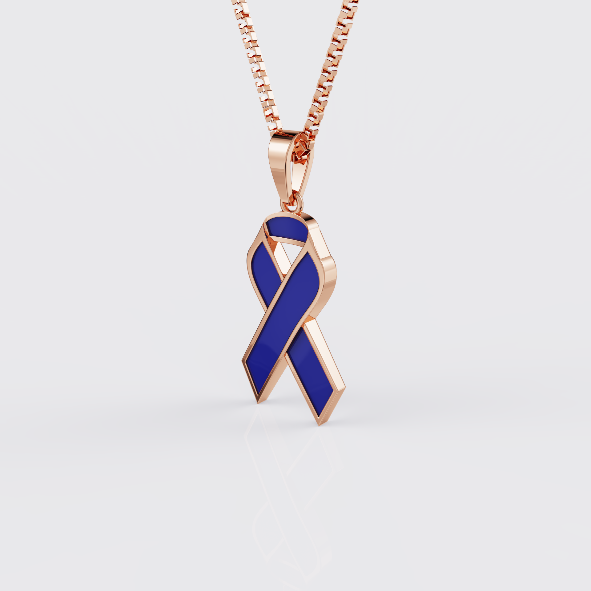 Side profile of rose gold colorectal cancer awareness ribbon pendant necklace.